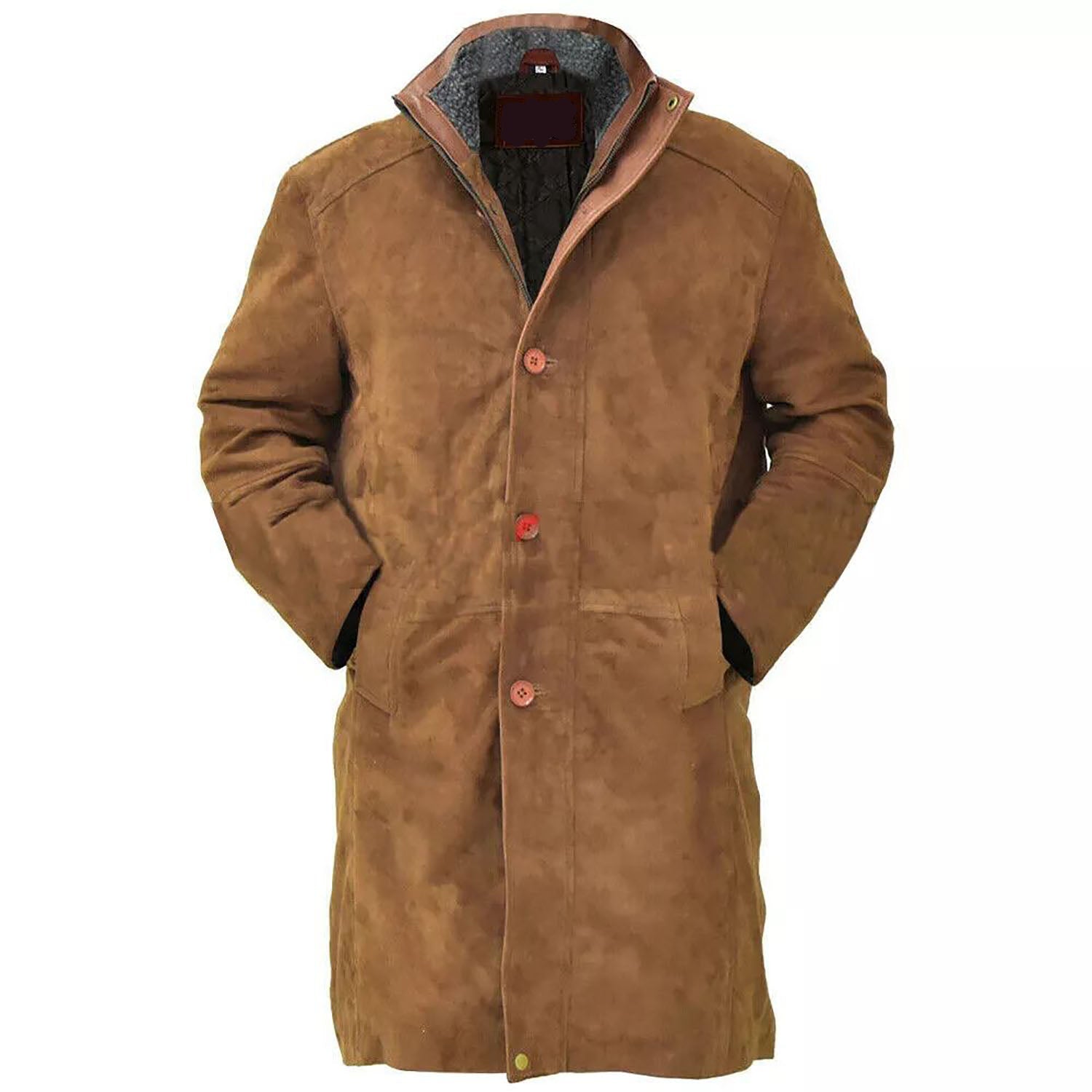 The brown suede leather coat, pictured in full display