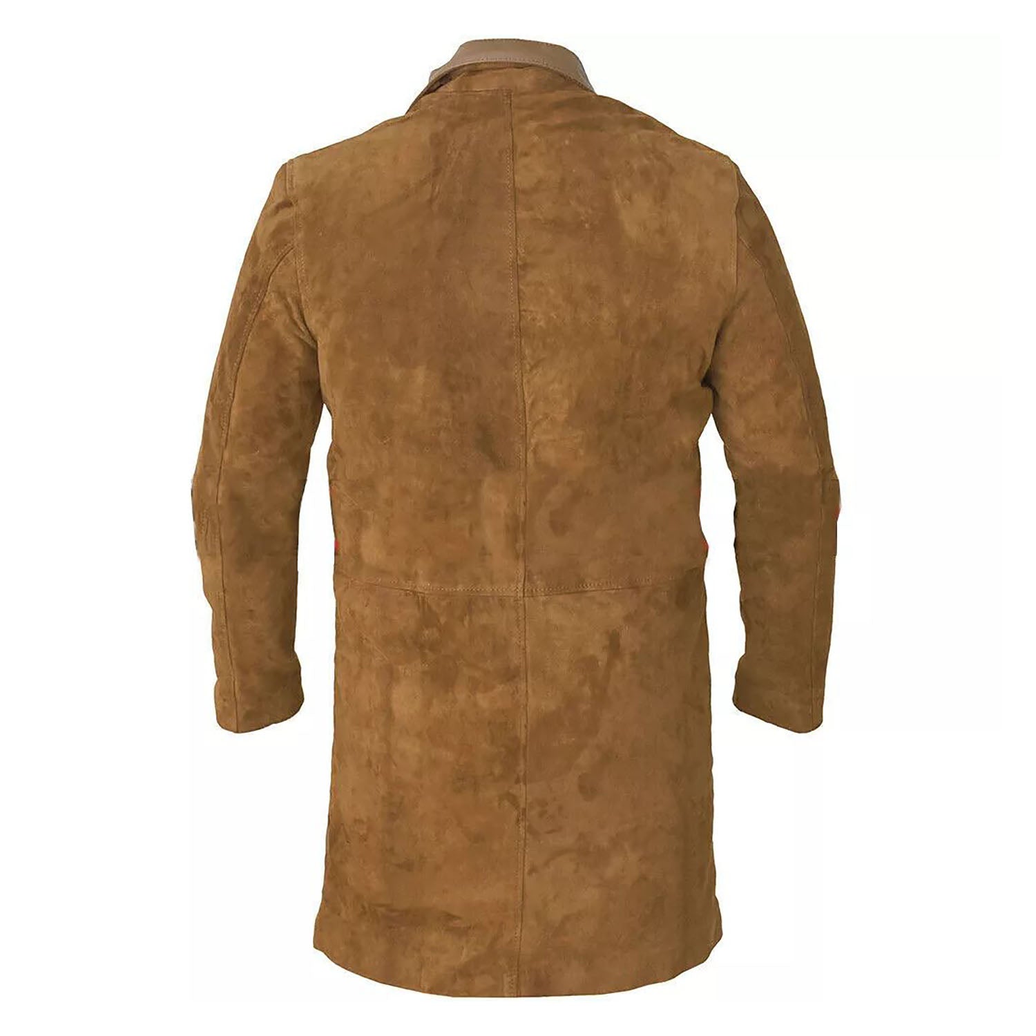 The brown suede leather coat, pictured in detail