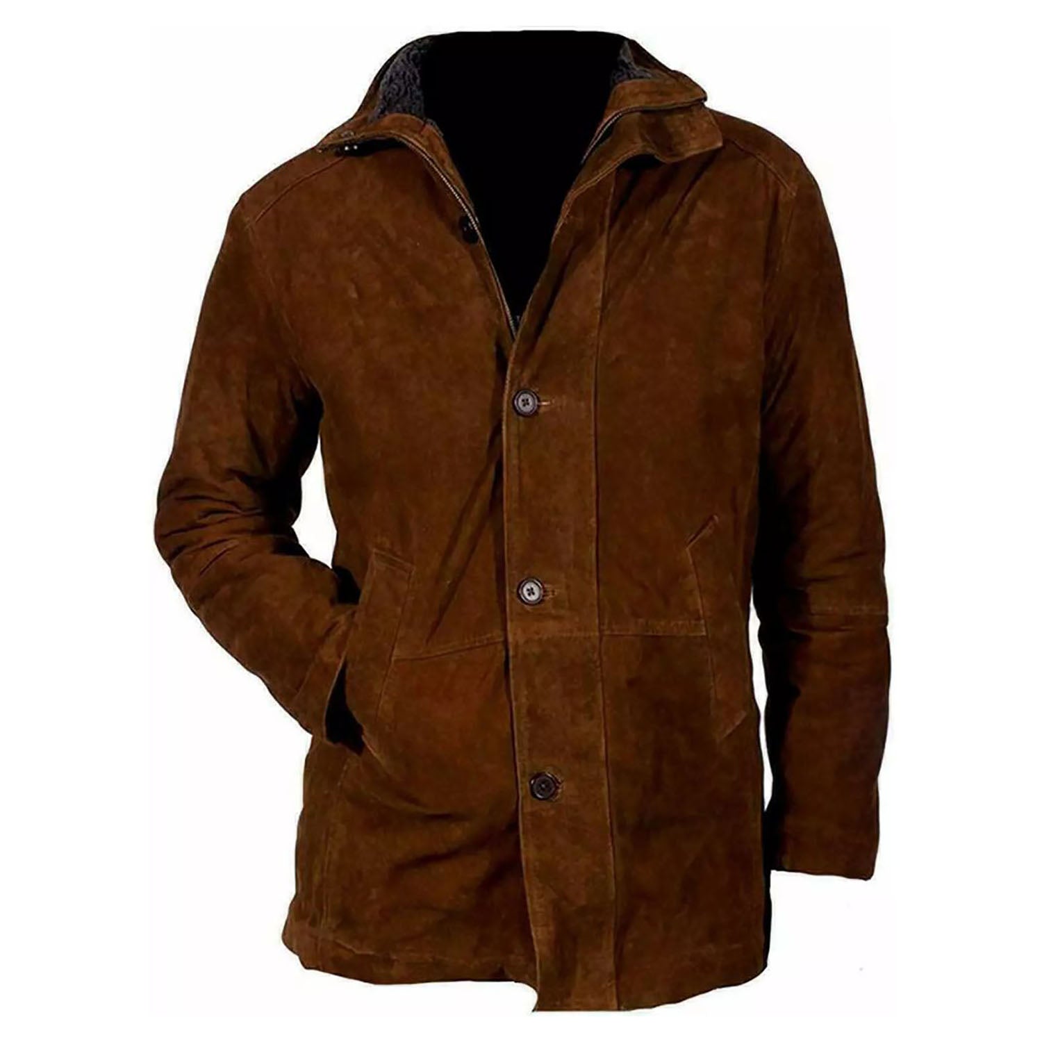 Brown suede leather coat with fur trim, worn styled look