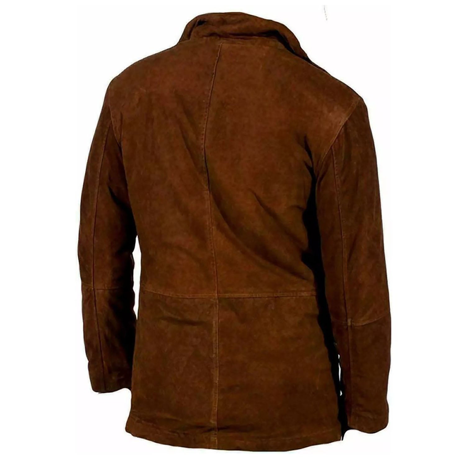 Brown suede leather coat with fur trim, full display
