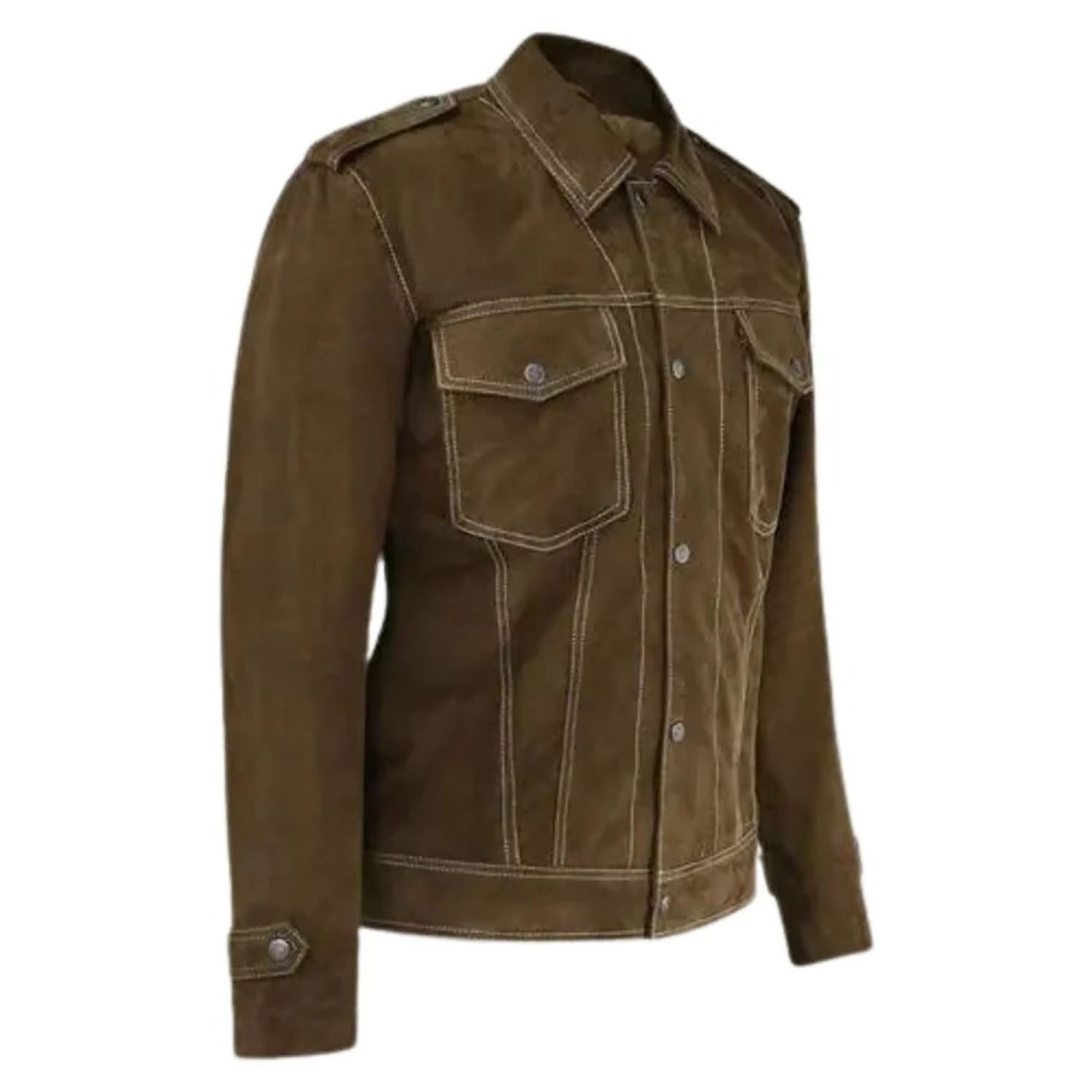 Close-up detail of the brown suede leather shirt jacket with multiple pockets for men