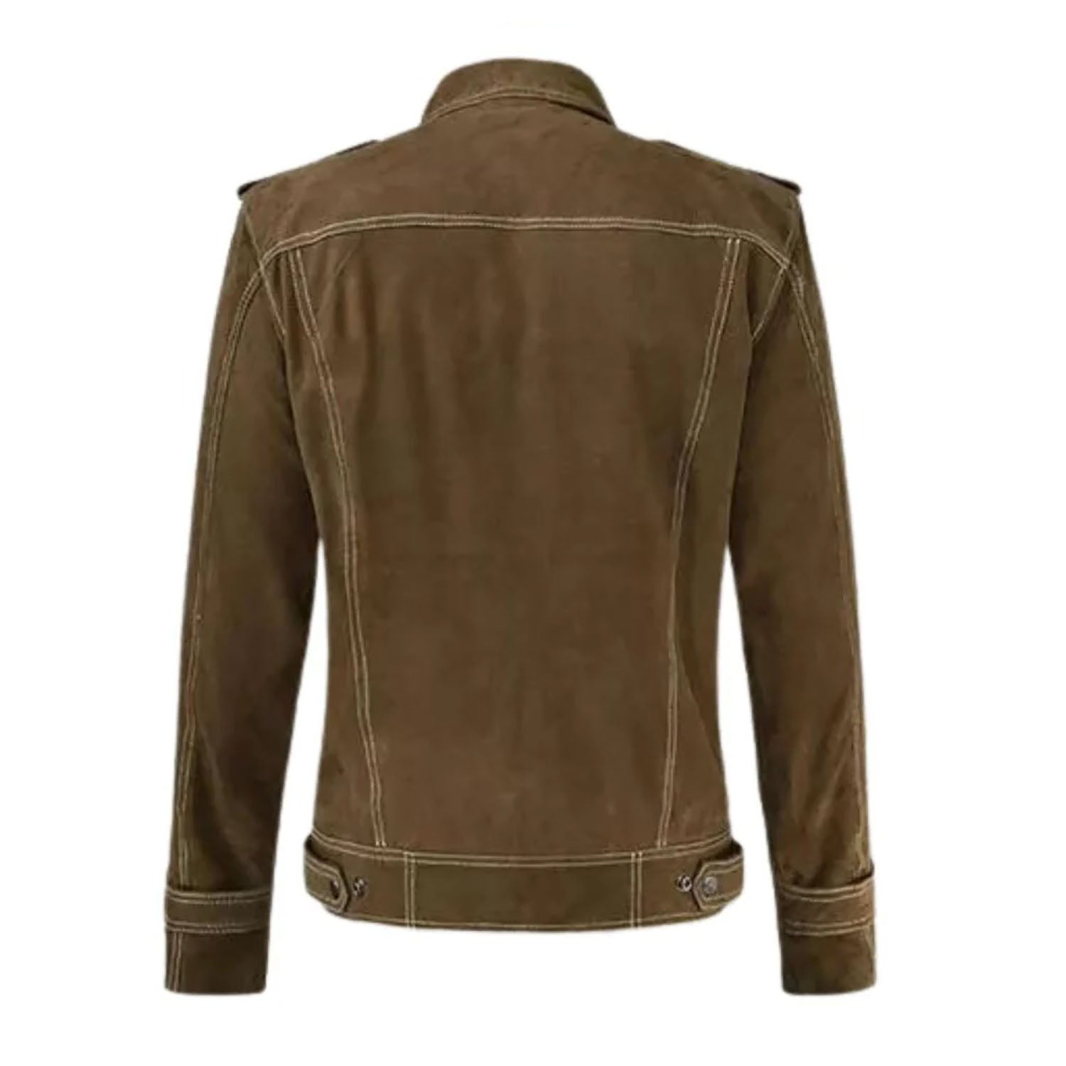Worn styled look of the brown suede leather shirt jacket with multiple pockets for men