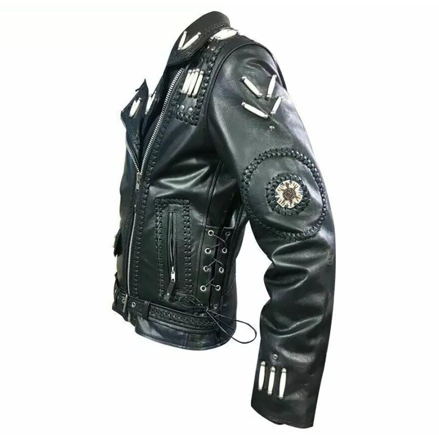 Detail shot of the black leather fringe jacket with beaded detailing for men