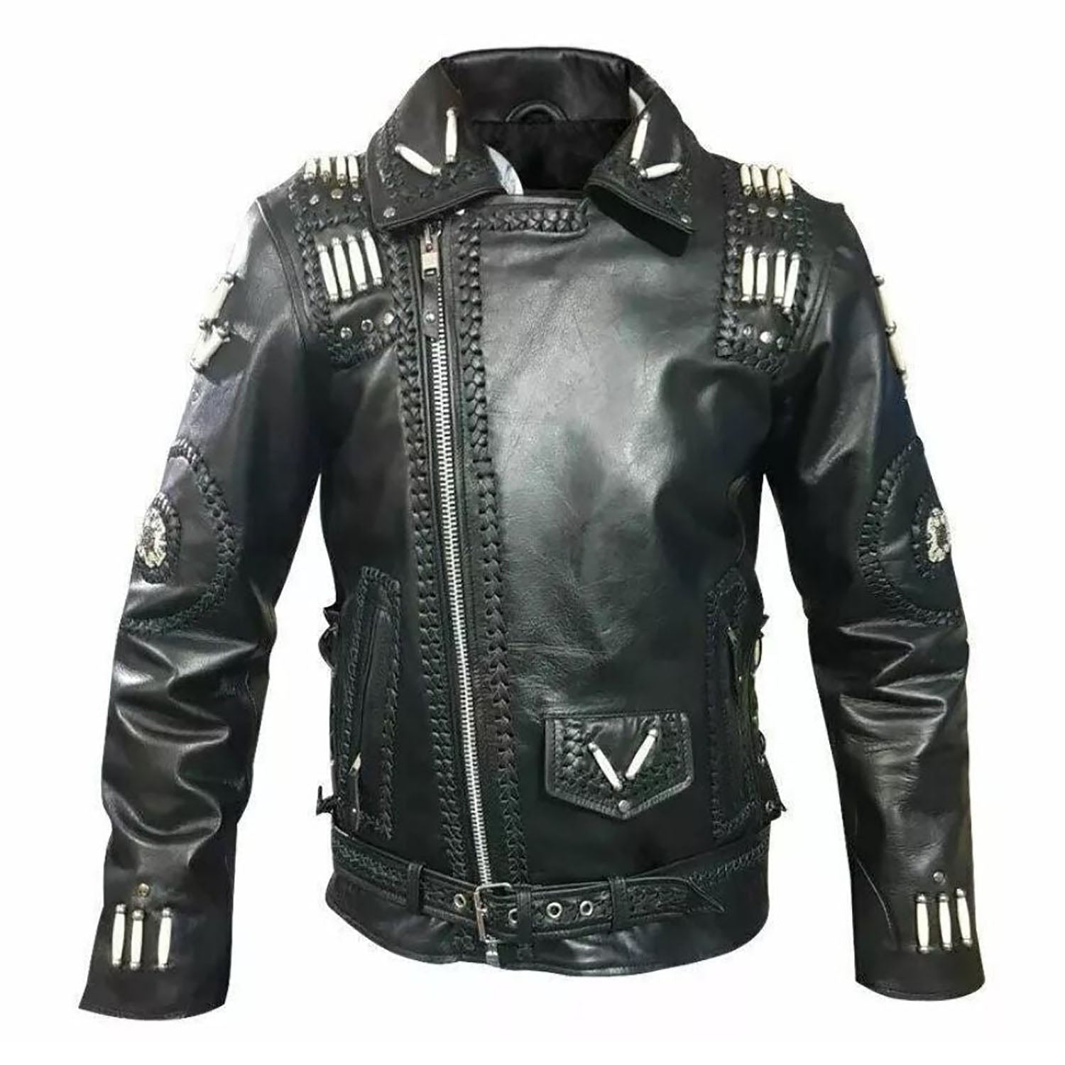 Full display showing the black leather fringe jacket with beaded detailing