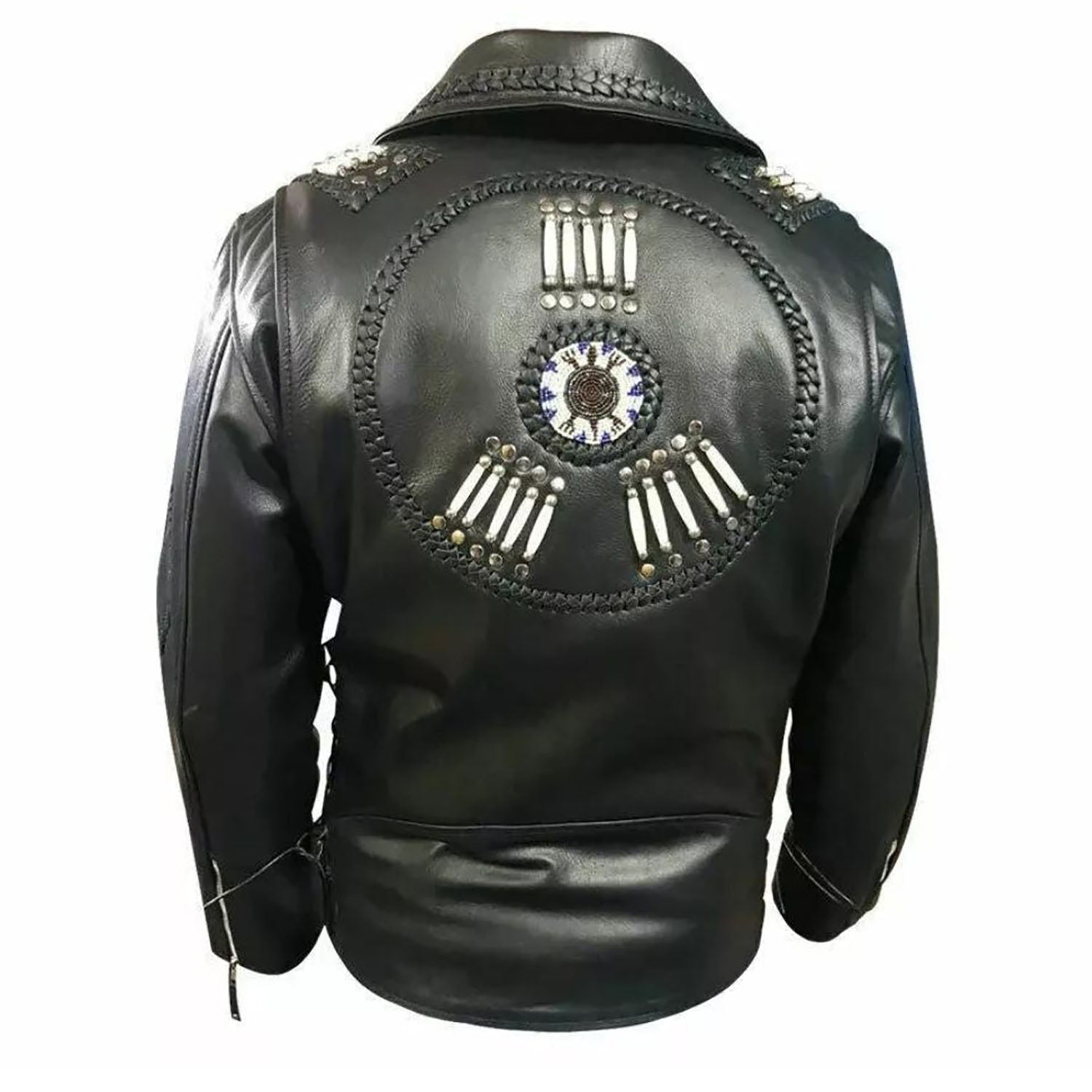 Front view of the black leather fringe jacket with beaded detailing for men