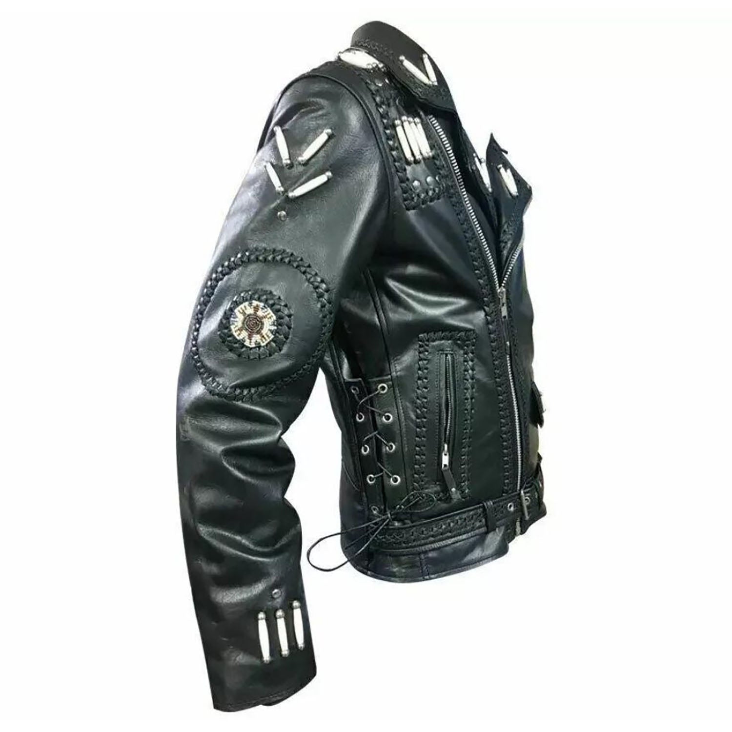 Detail shot showing the black leather fringe jacket with beaded detailing