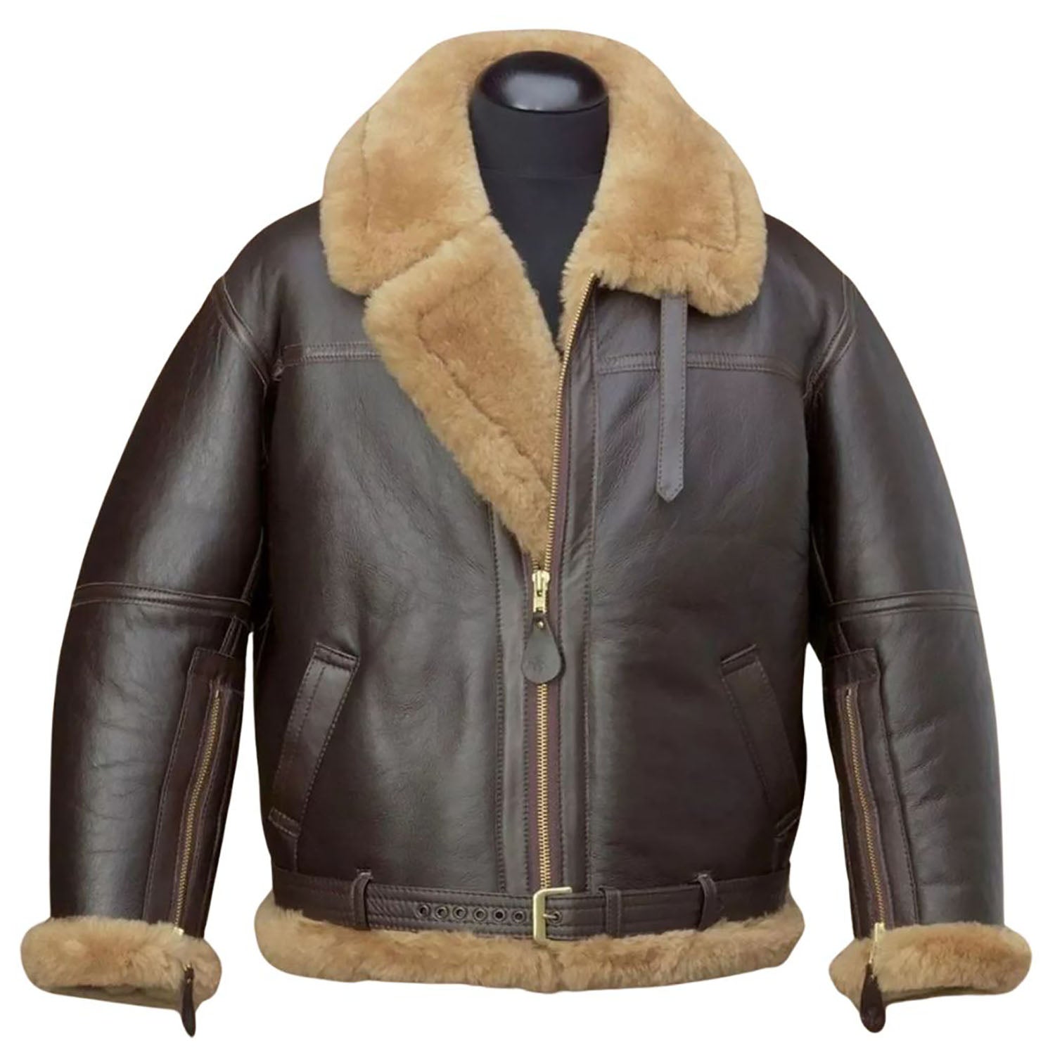 The dark brown sheepskin leather bomber jacket with aviator bomber style, pictured from the side