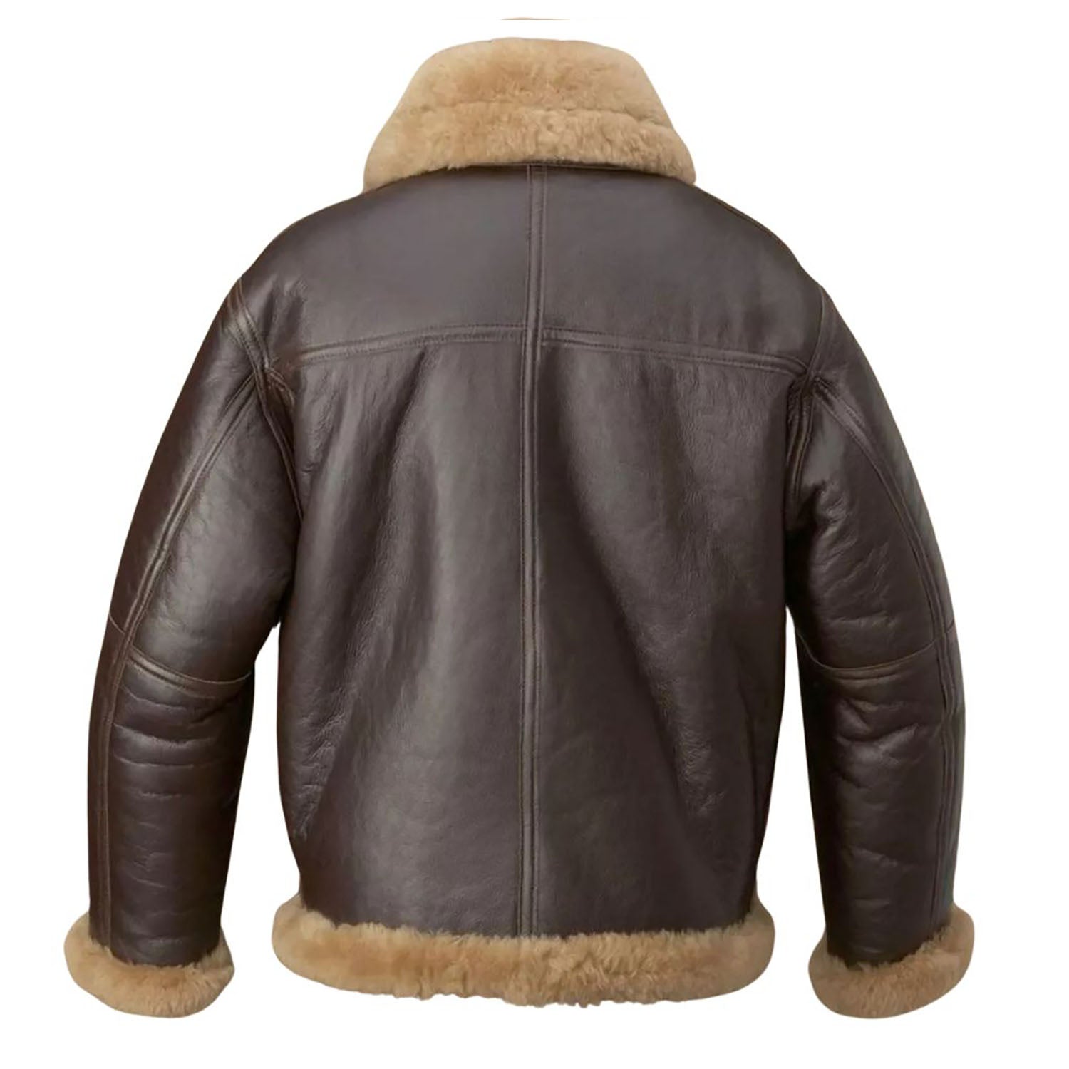 The dark brown sheepskin leather bomber jacket with fur trim, pictured from the back