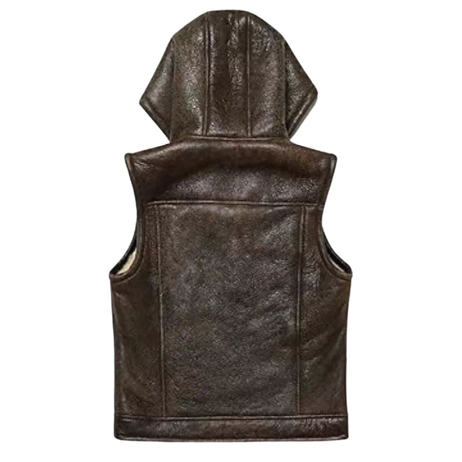 Dark brown cowhide leather vest with aviator bomber style, close-up detail