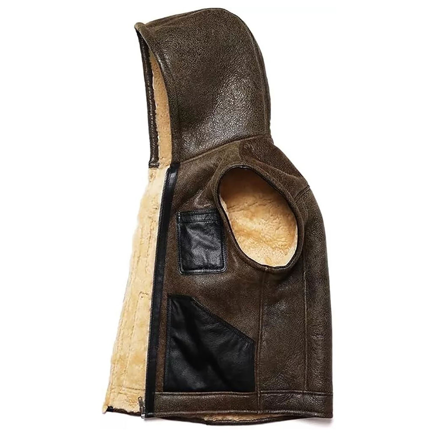 Dark brown cowhide leather vest with aviator bomber style, side profile