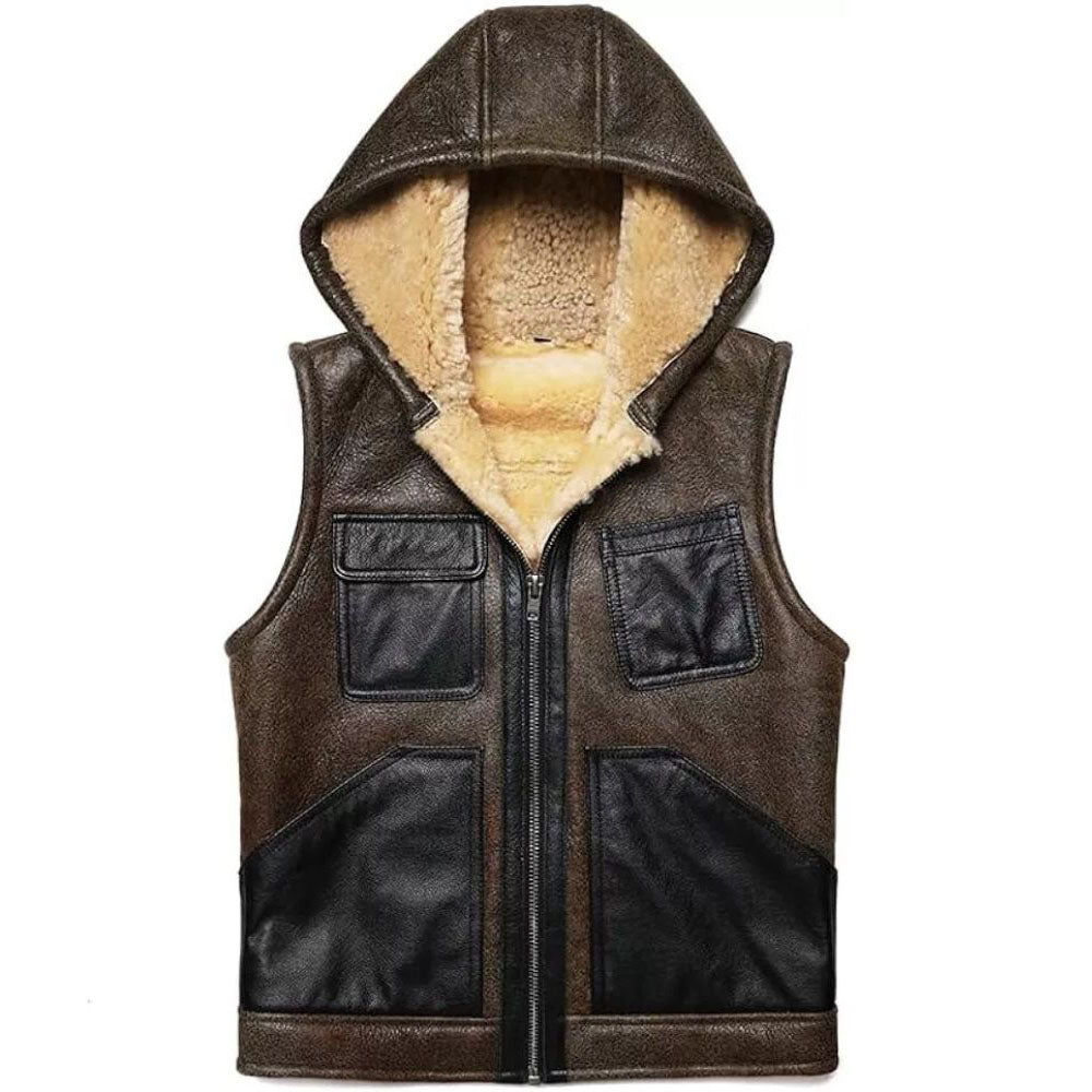 Dark brown cowhide leather vest with multiple pockets, front view