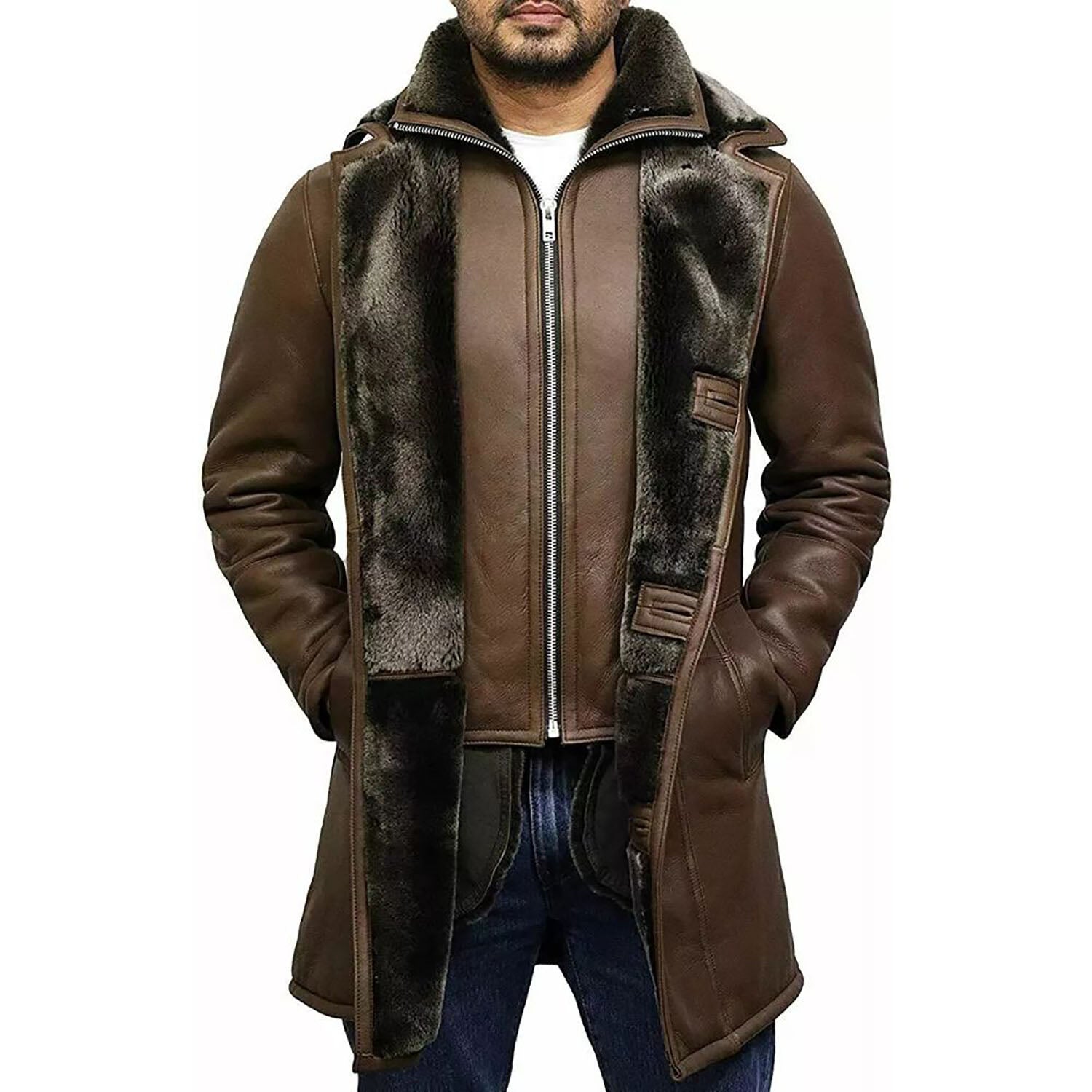 Side profile of the dark brown cowhide leather jacket with fur trim for men