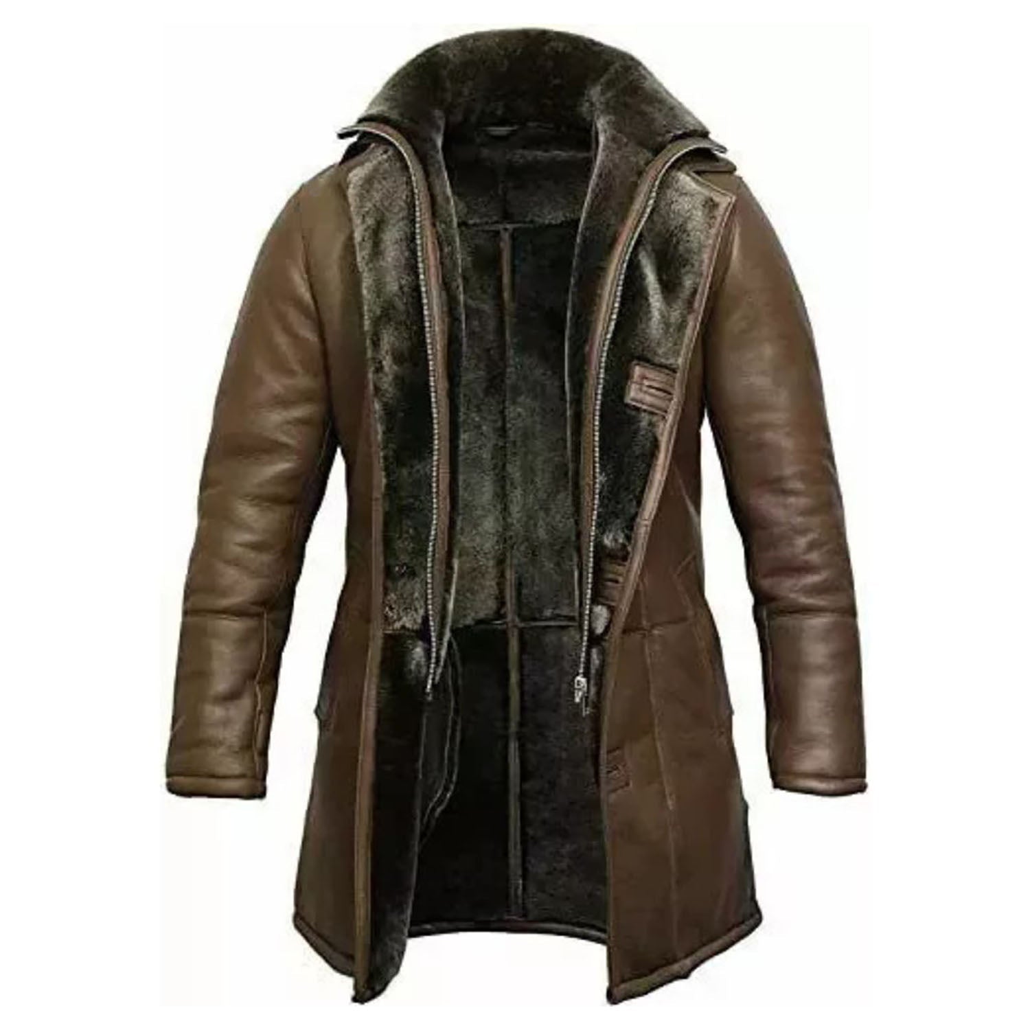 Back view of the dark brown cowhide leather jacket with fur trim for men