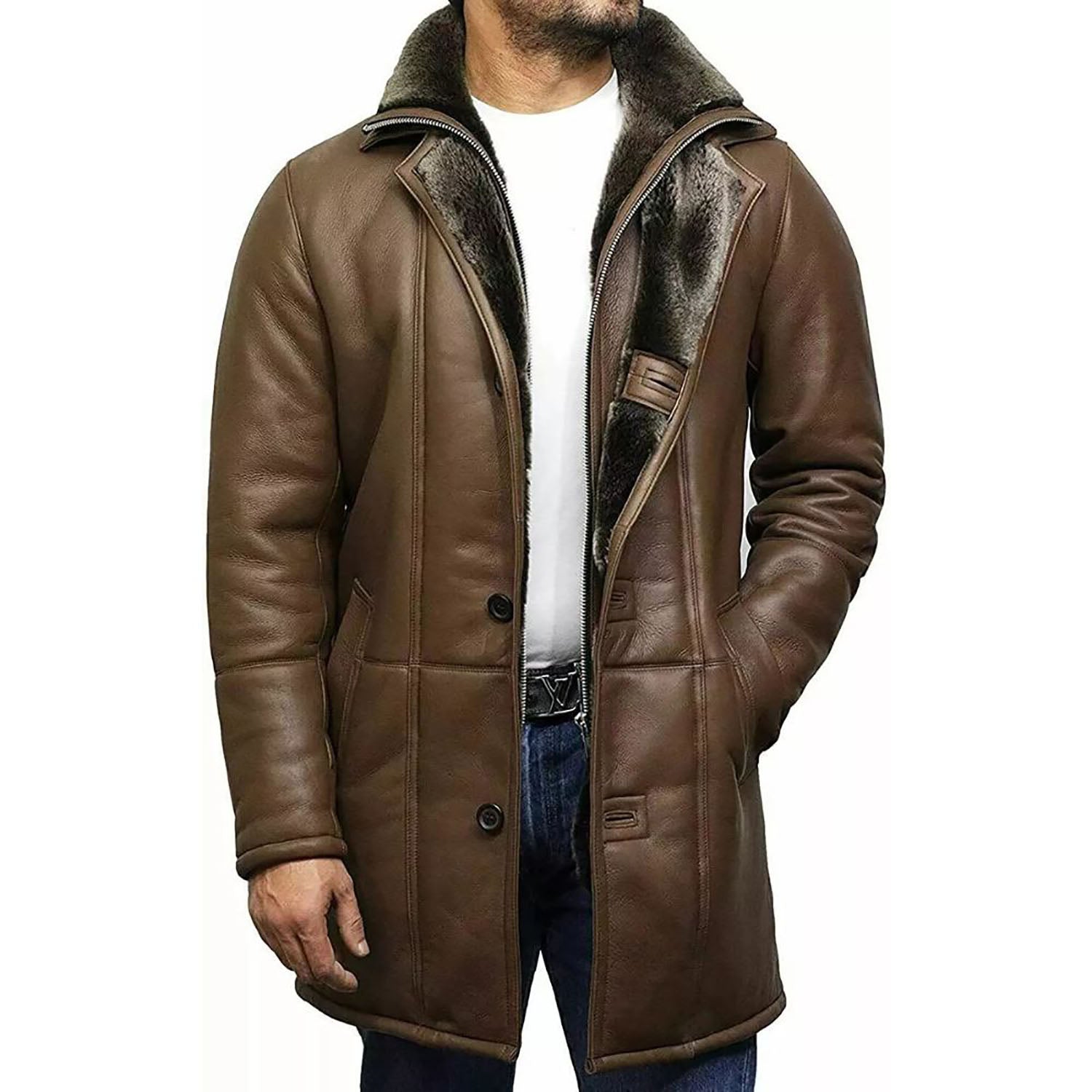 Detail shot of the dark brown cowhide leather jacket with fur trim for men