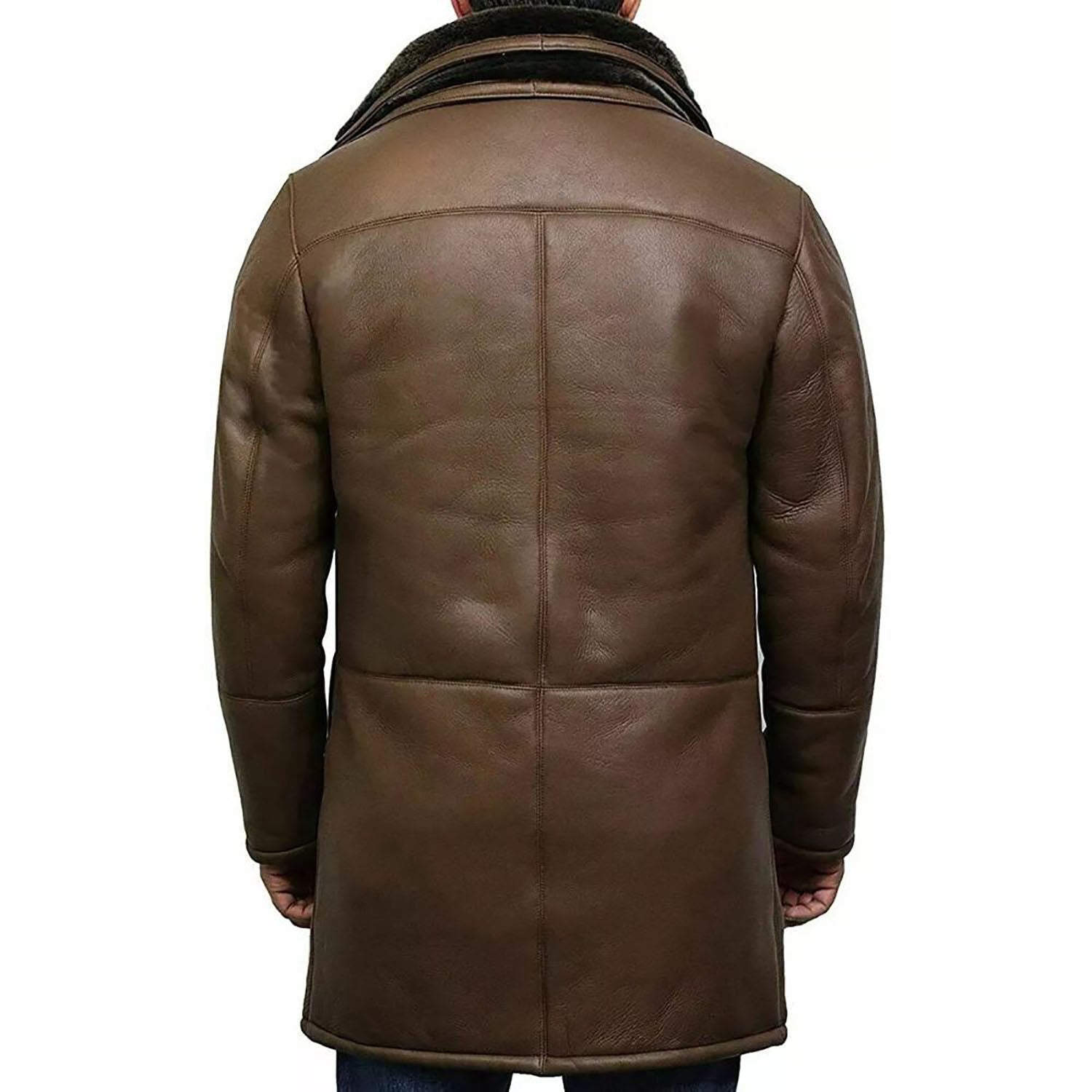 Front view of the dark brown cowhide leather jacket with fur trim for men