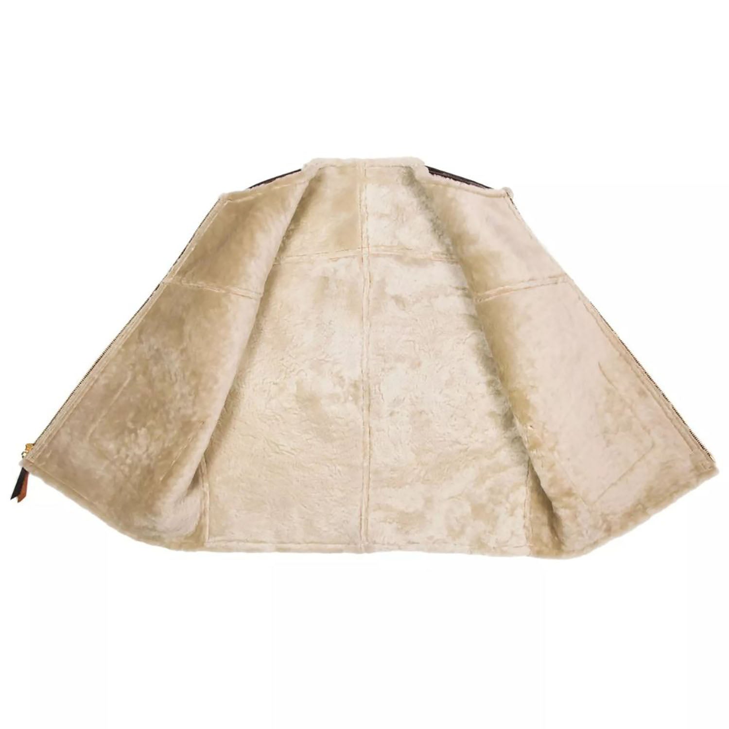 Front view showing the dark brown cowhide leather vest with fur trim