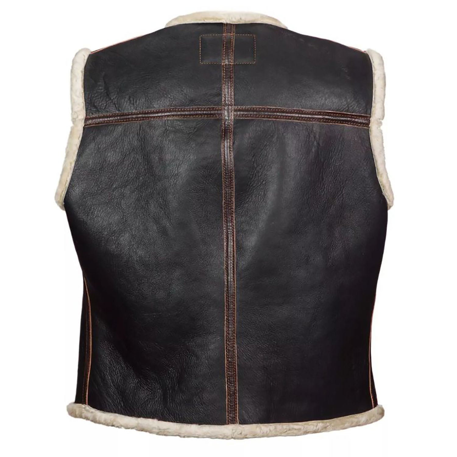 Detail shot showing the dark brown cowhide leather vest with fur trim