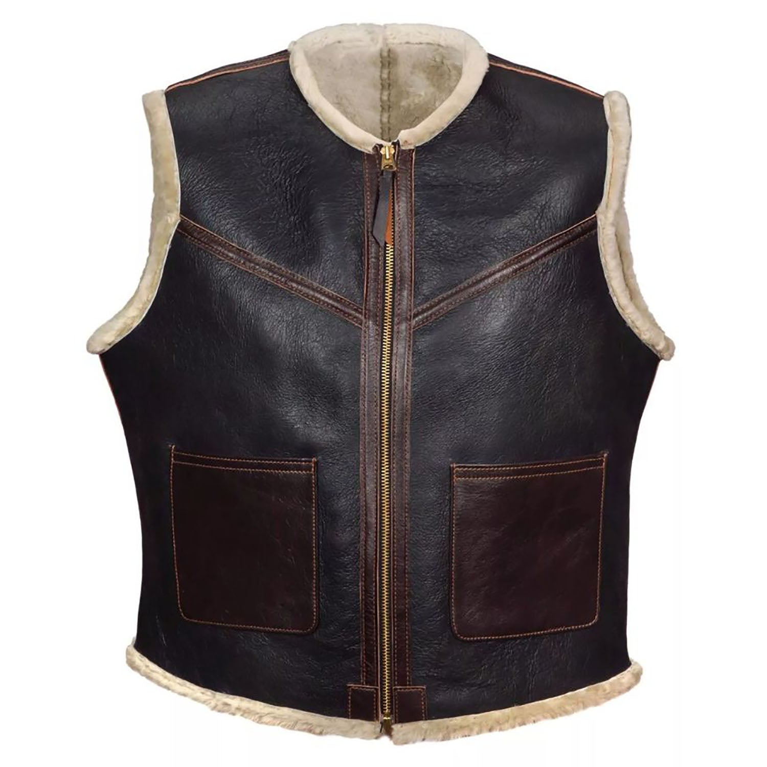 Full display showing the dark brown cowhide leather vest with fur trim