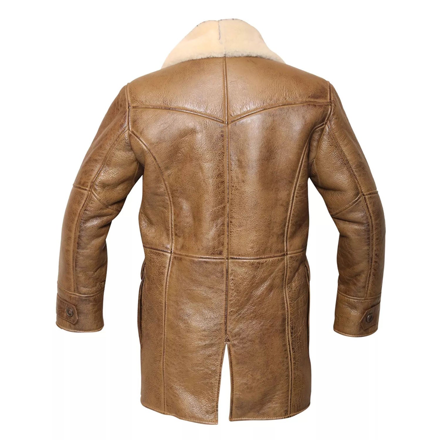 The dark brown sheepskin leather coat with fur trim, pictured in full display