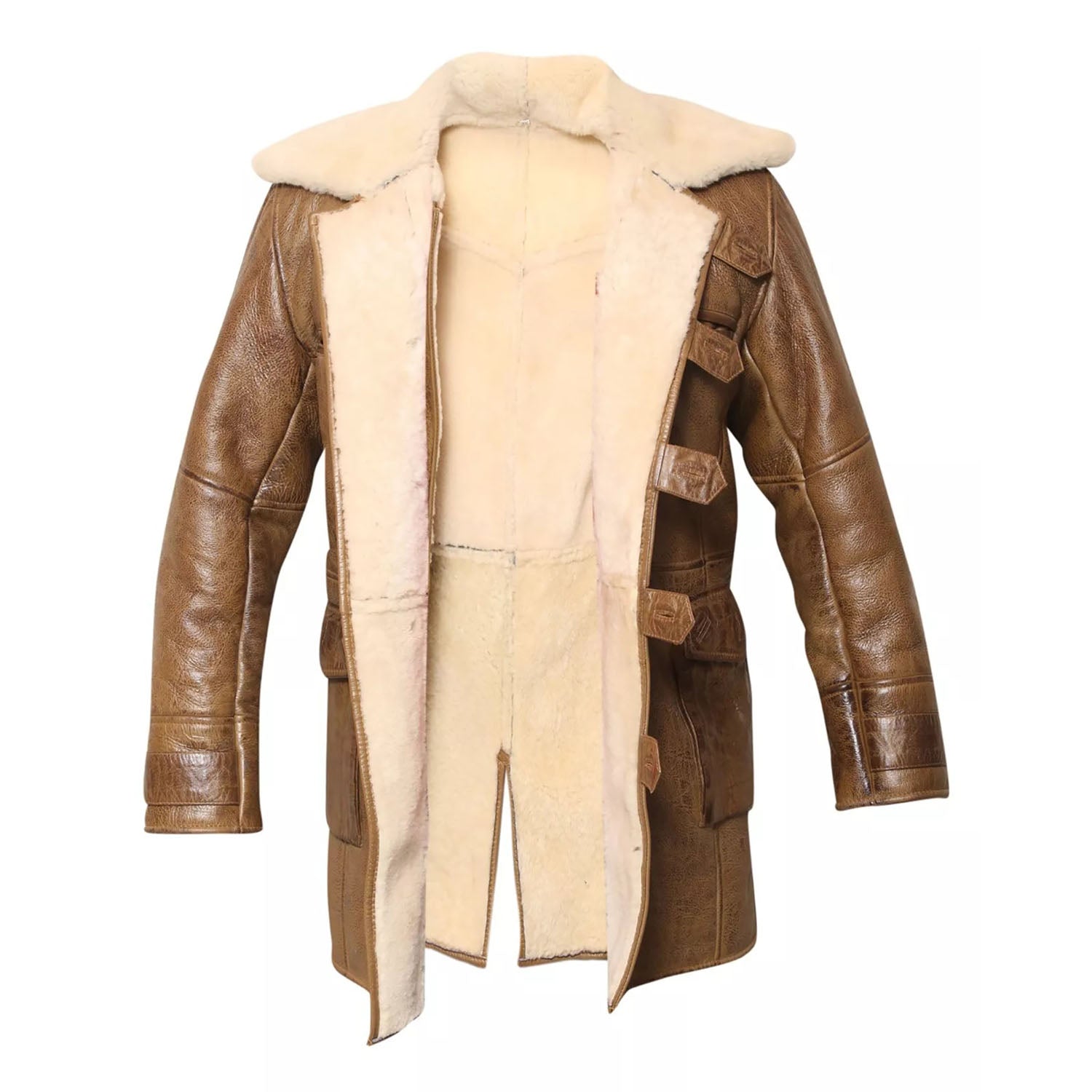 The dark brown sheepskin leather coat with fur trim, pictured worn and styled