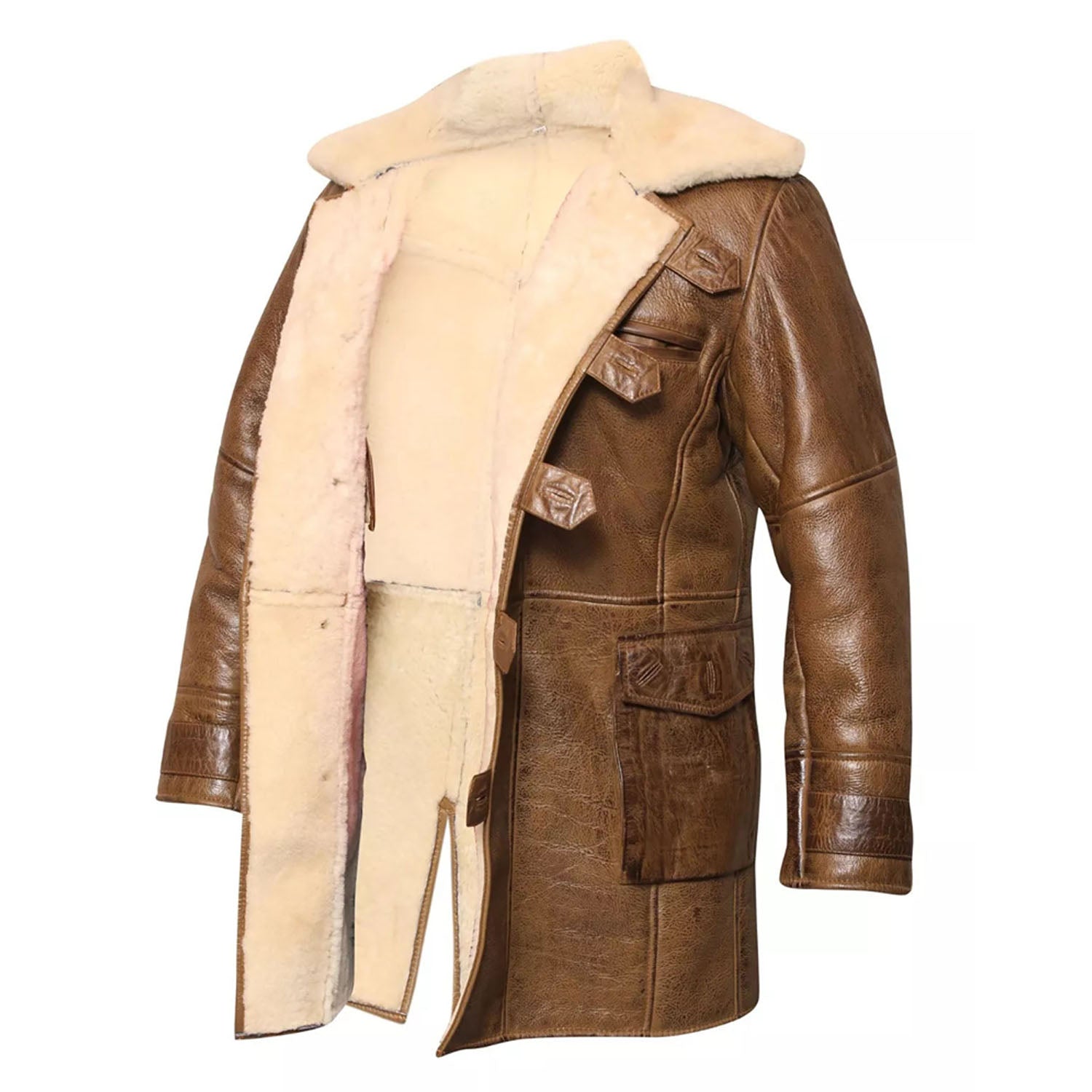 The dark brown sheepskin leather coat with fur trim, pictured in detail