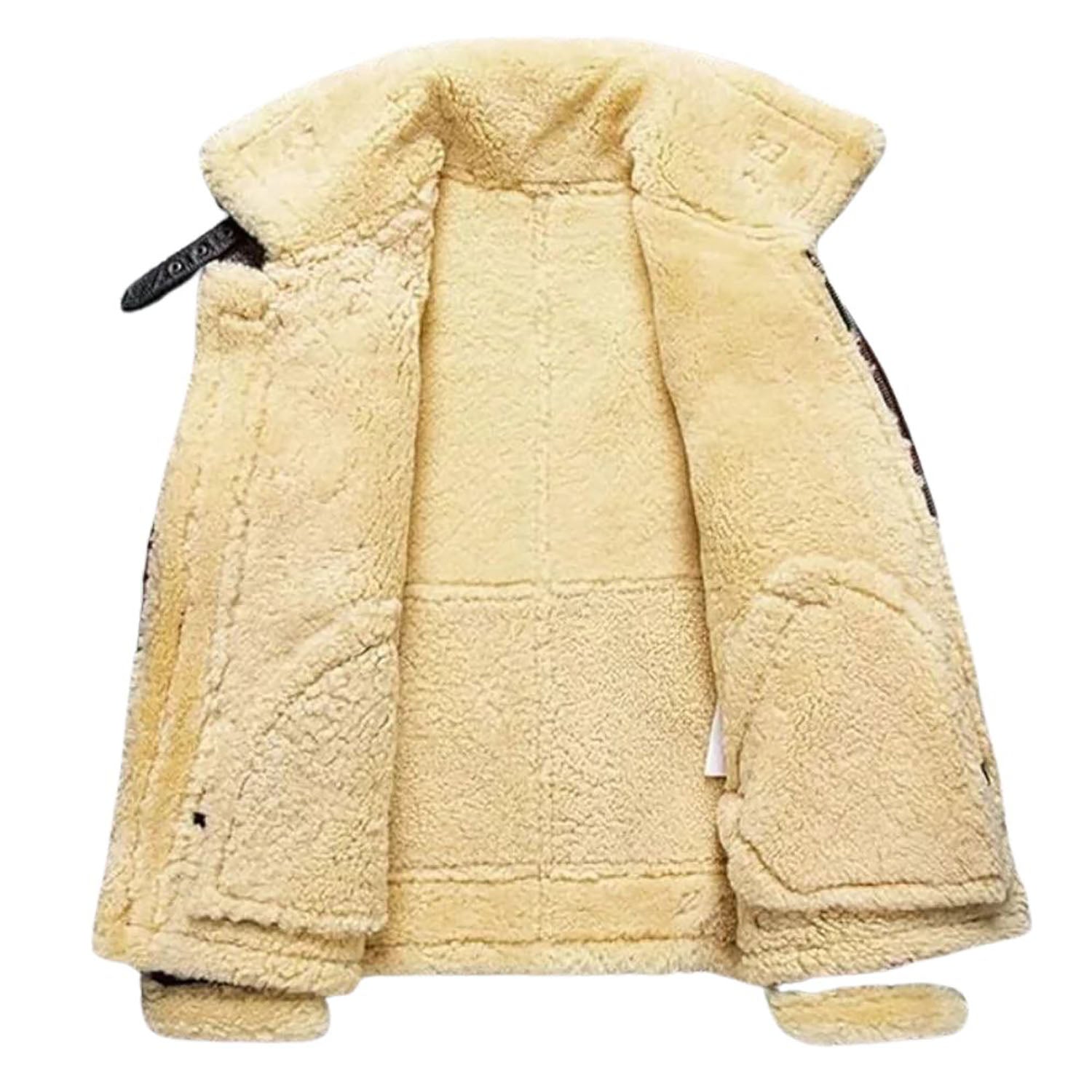Dark brown sheepskin leather bomber jacket with fur trim, worn styled look