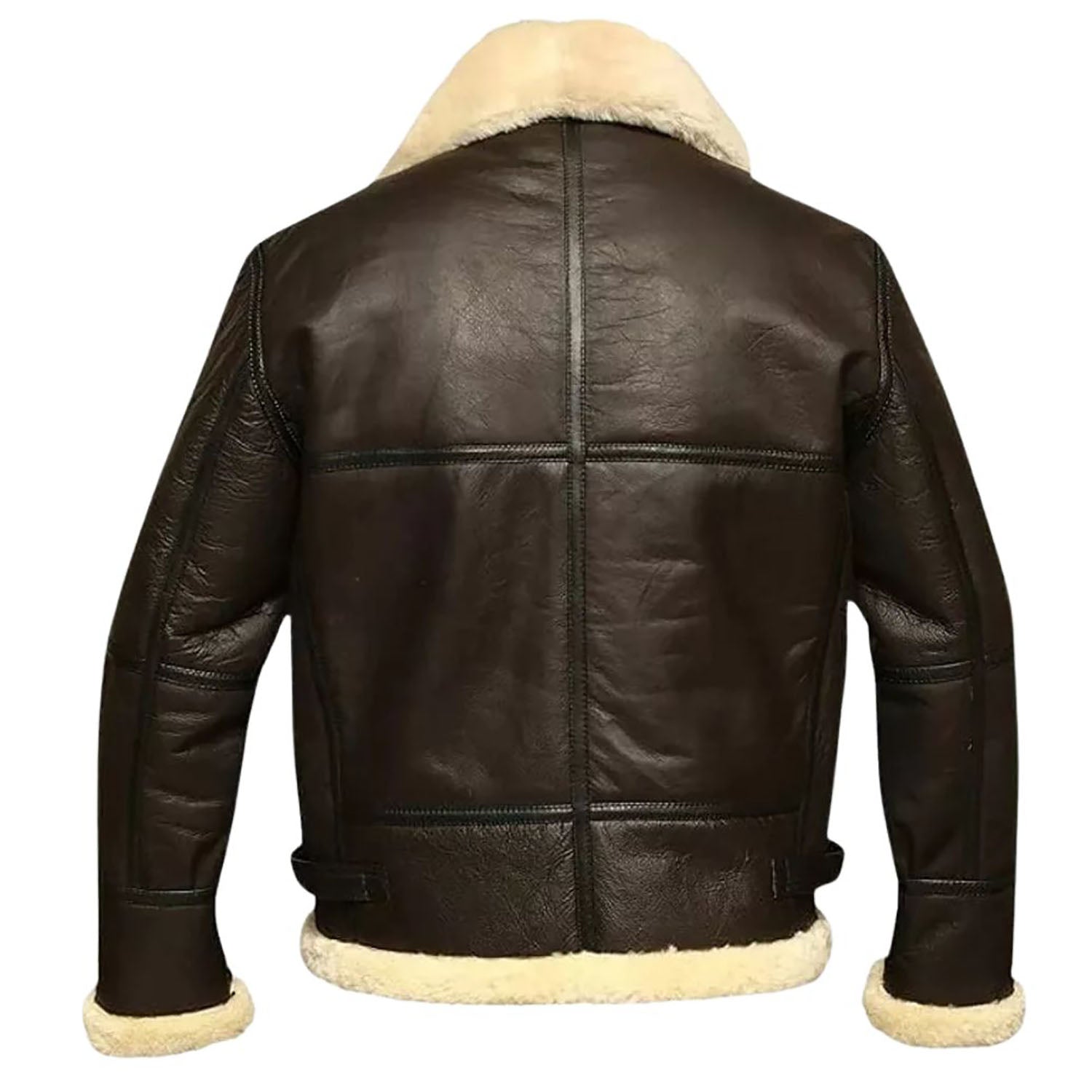Dark brown sheepskin leather bomber jacket with aviator bomber style, full display