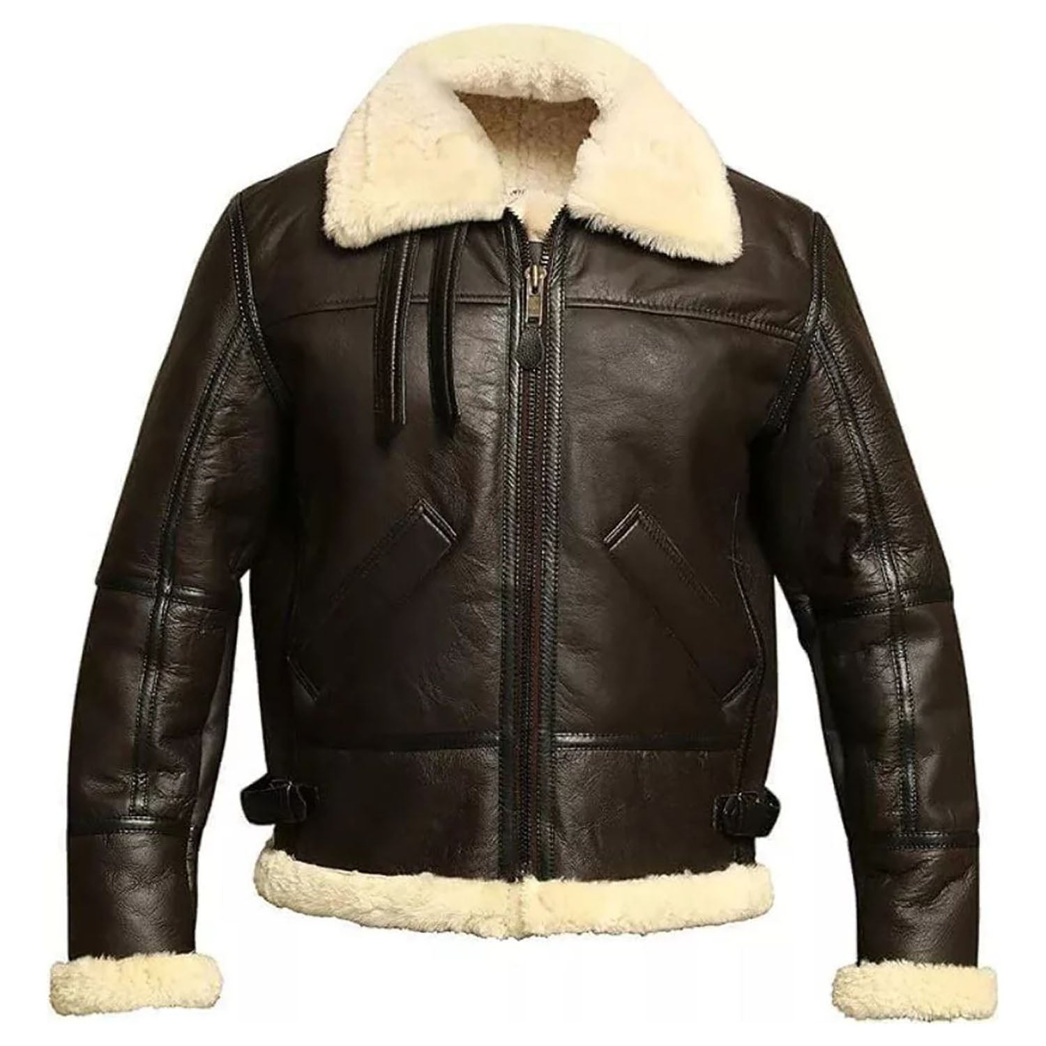 Dark brown sheepskin leather bomber jacket with aviator bomber style, close-up detail