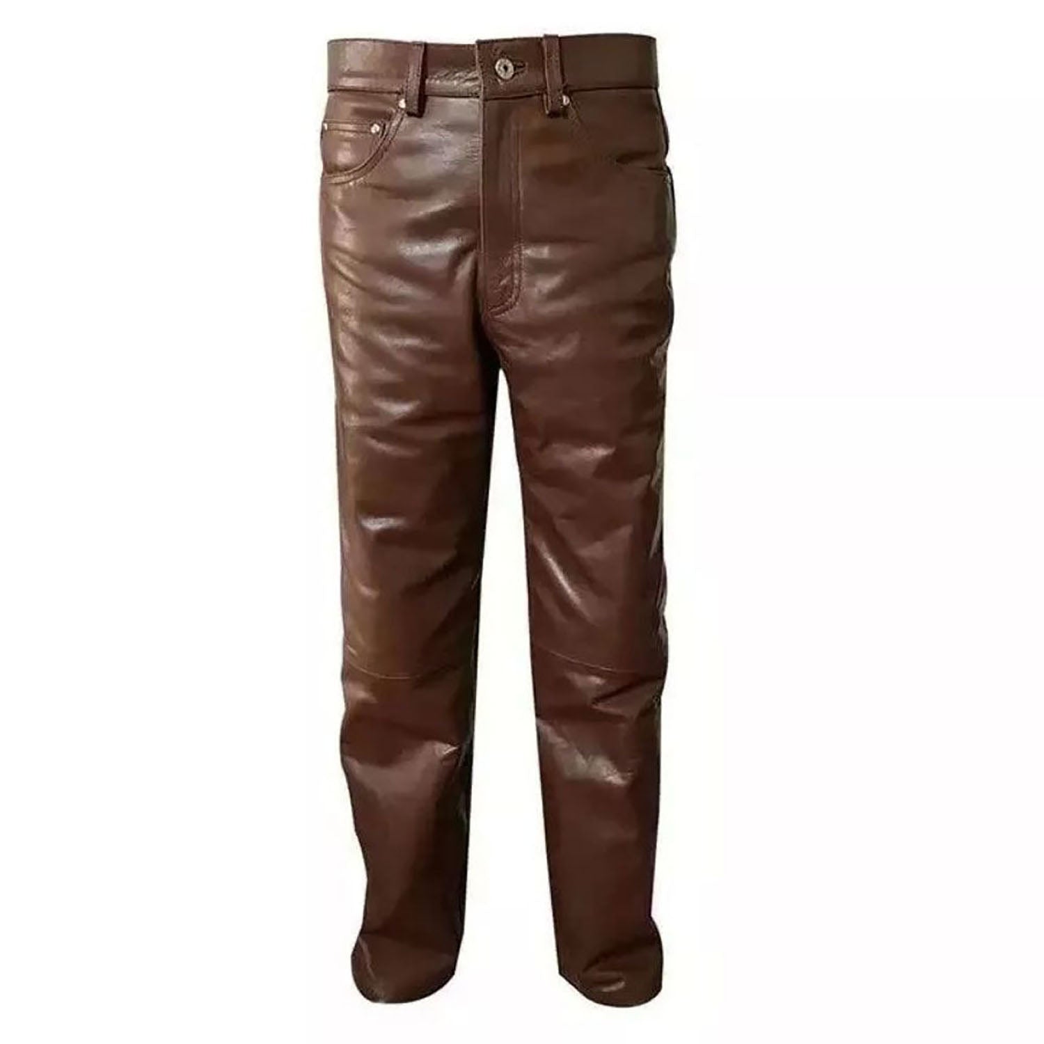 Side profile showing the dark brown cowhide leather pants