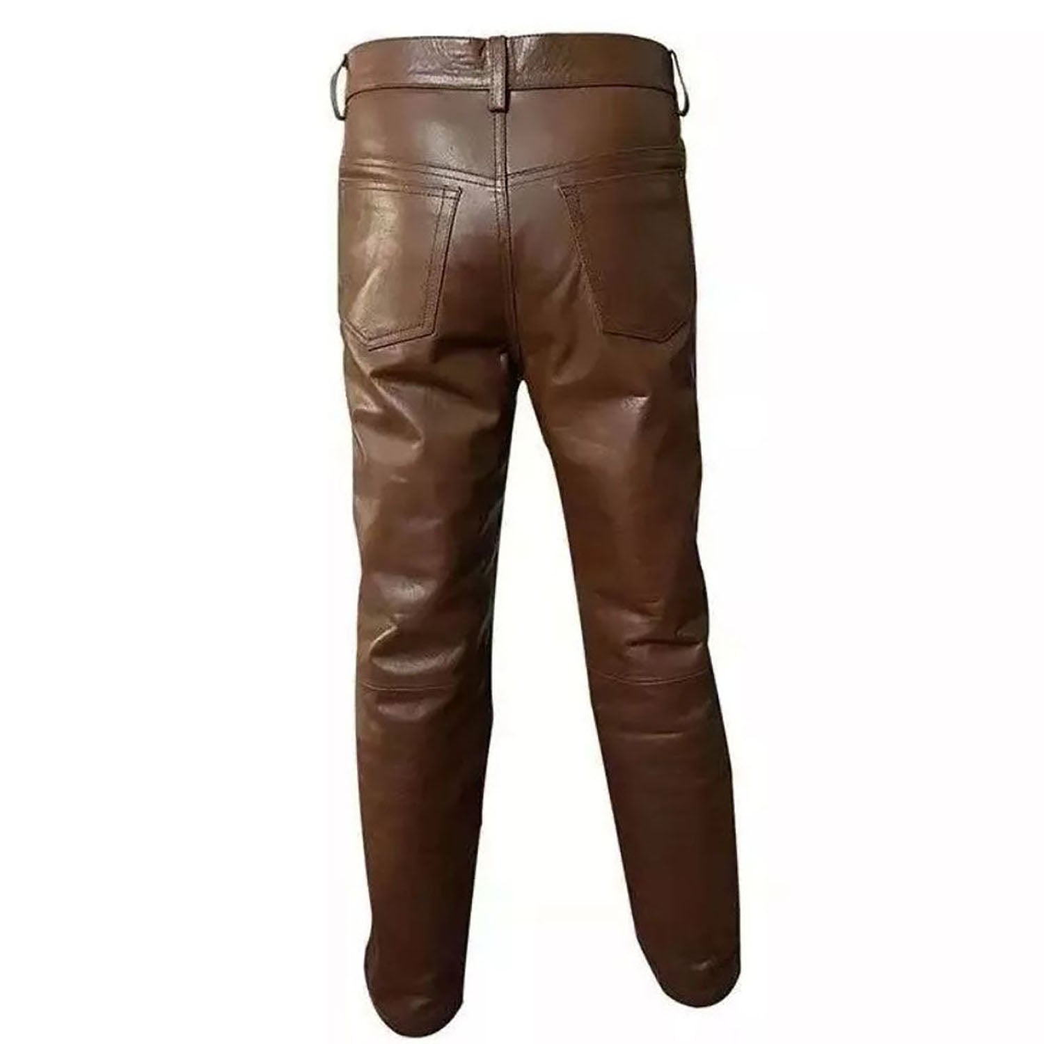 Back view showing the dark brown cowhide leather pants