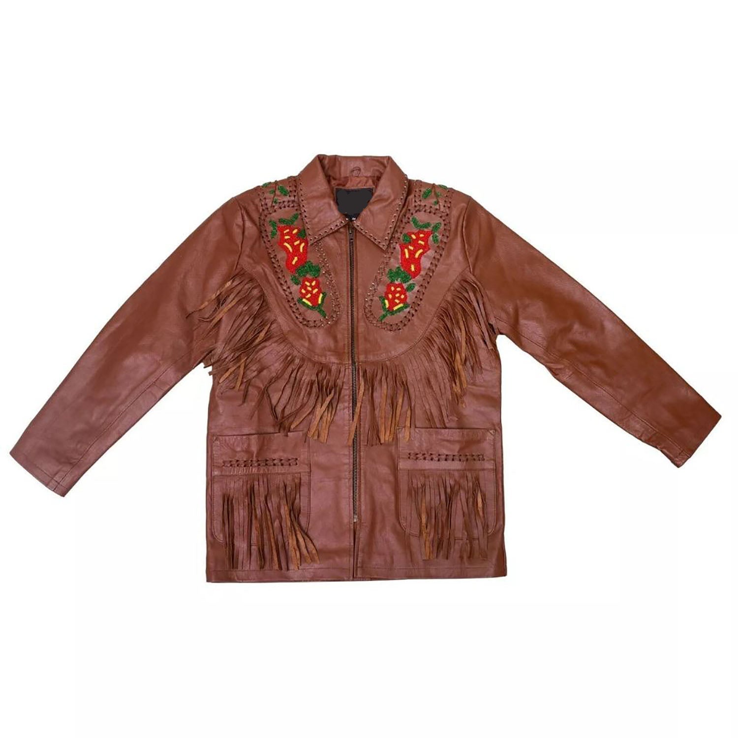 Dark brown leather fringe jacket with beaded detailing, detail shot