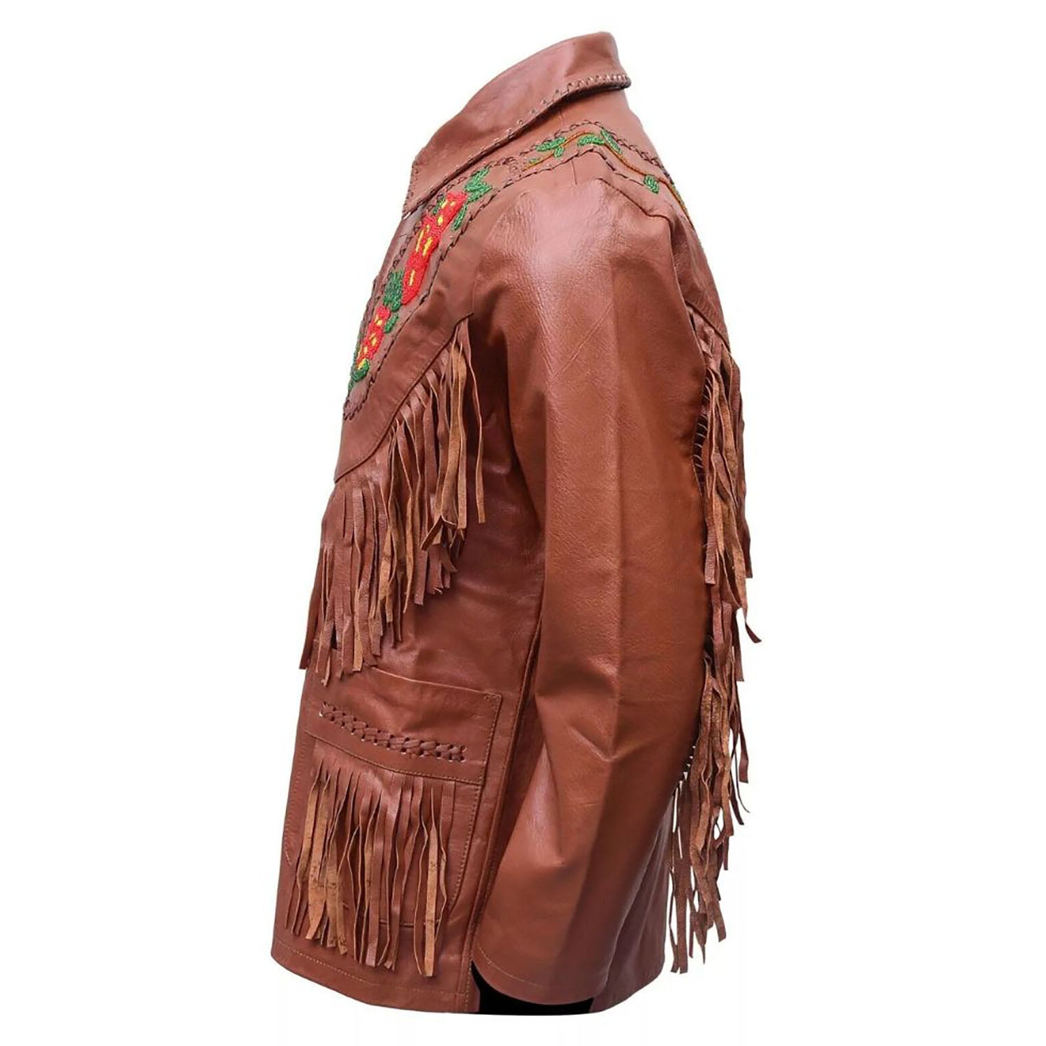 Dark brown leather fringe jacket with beaded detailing, front view