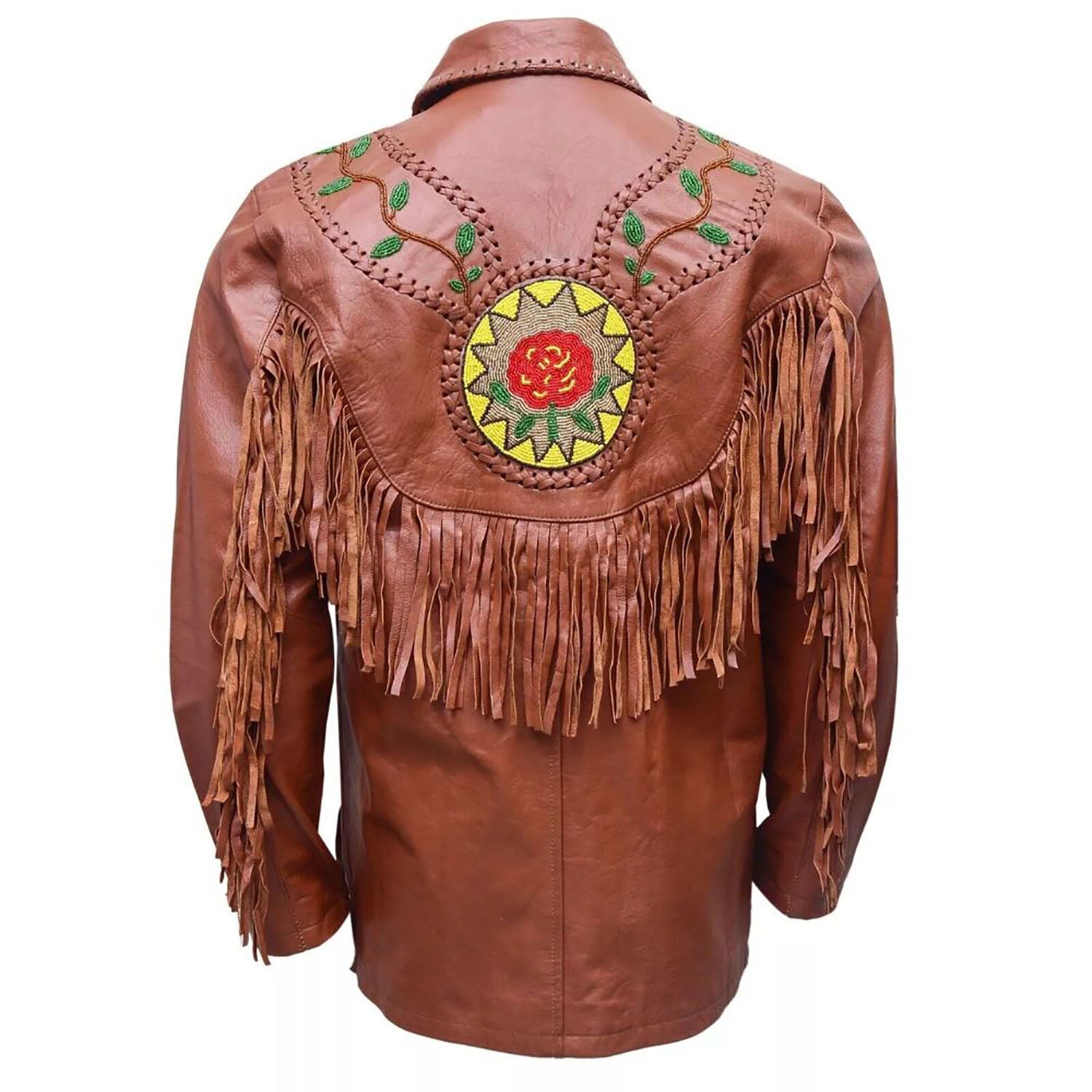 Dark brown leather fringe jacket with beaded detailing, side profile