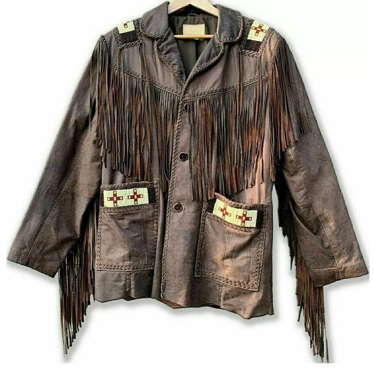 The dark brown leather fringe jacket with beaded detailing, pictured from the front
