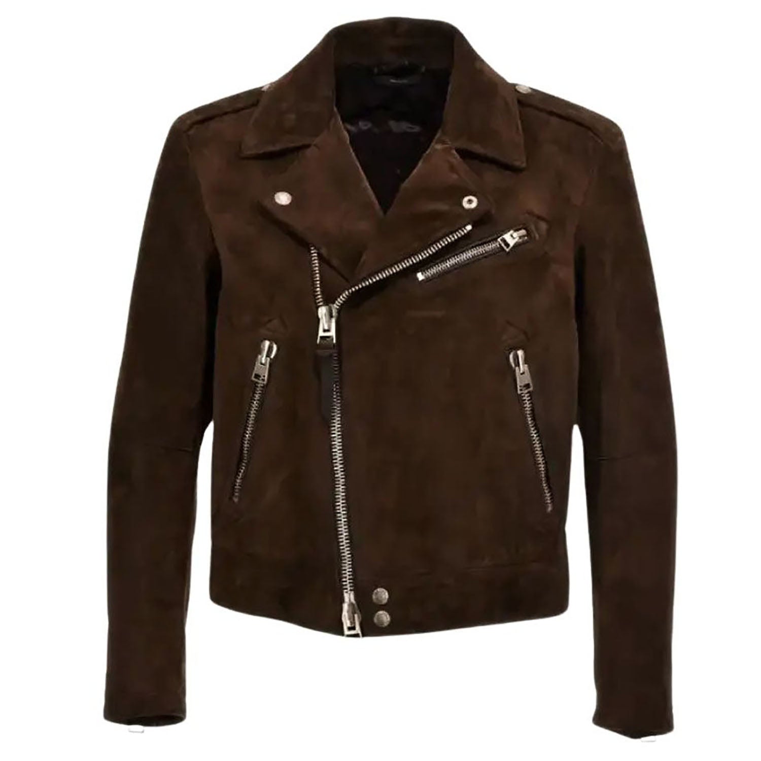 Full display of the dark brown leather jacket with belt accent for men