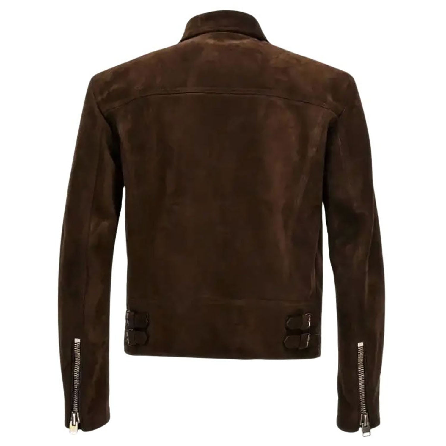 Detail shot of the dark brown leather jacket with multiple pockets for men