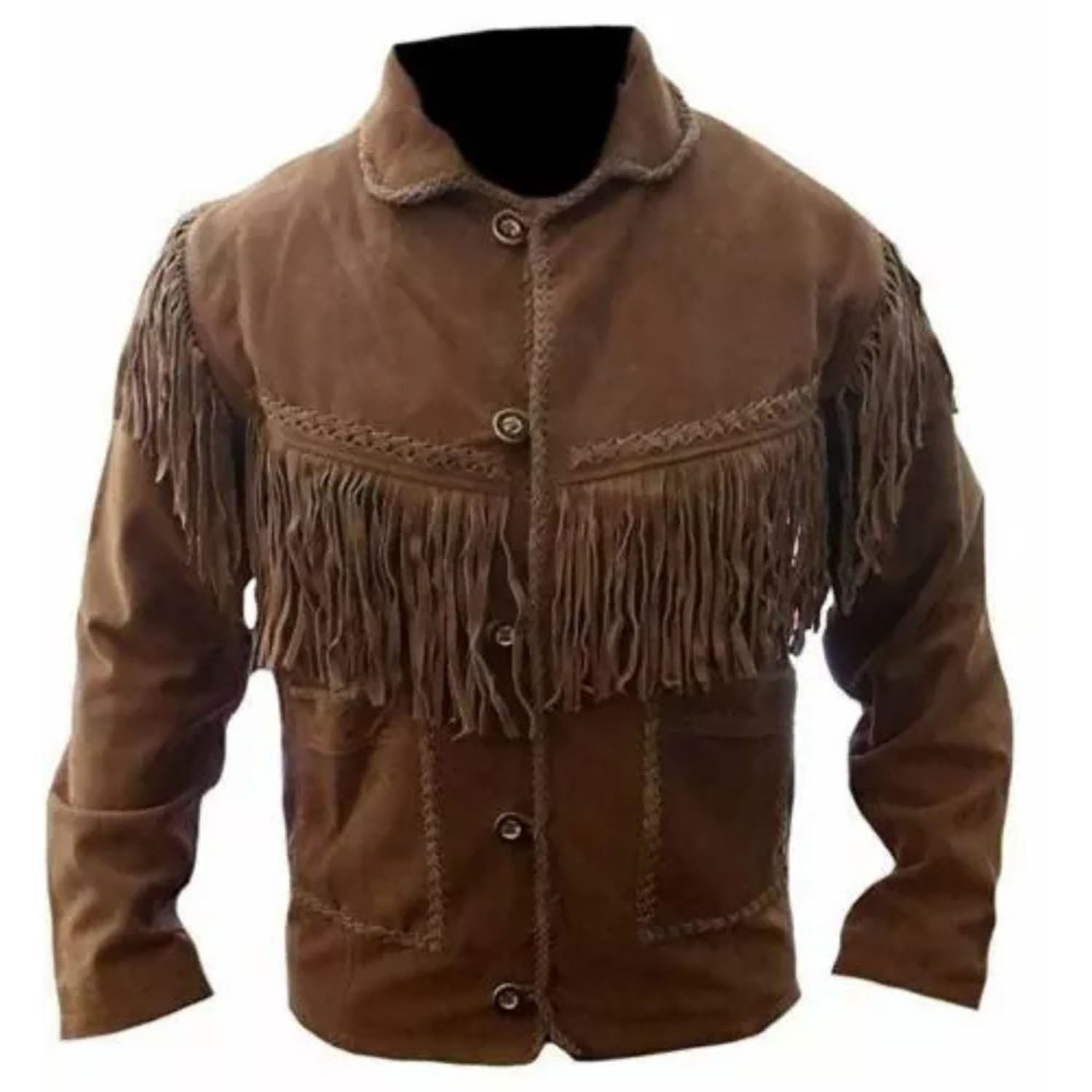Worn styled look showing the dark brown suede leather fringe jacket