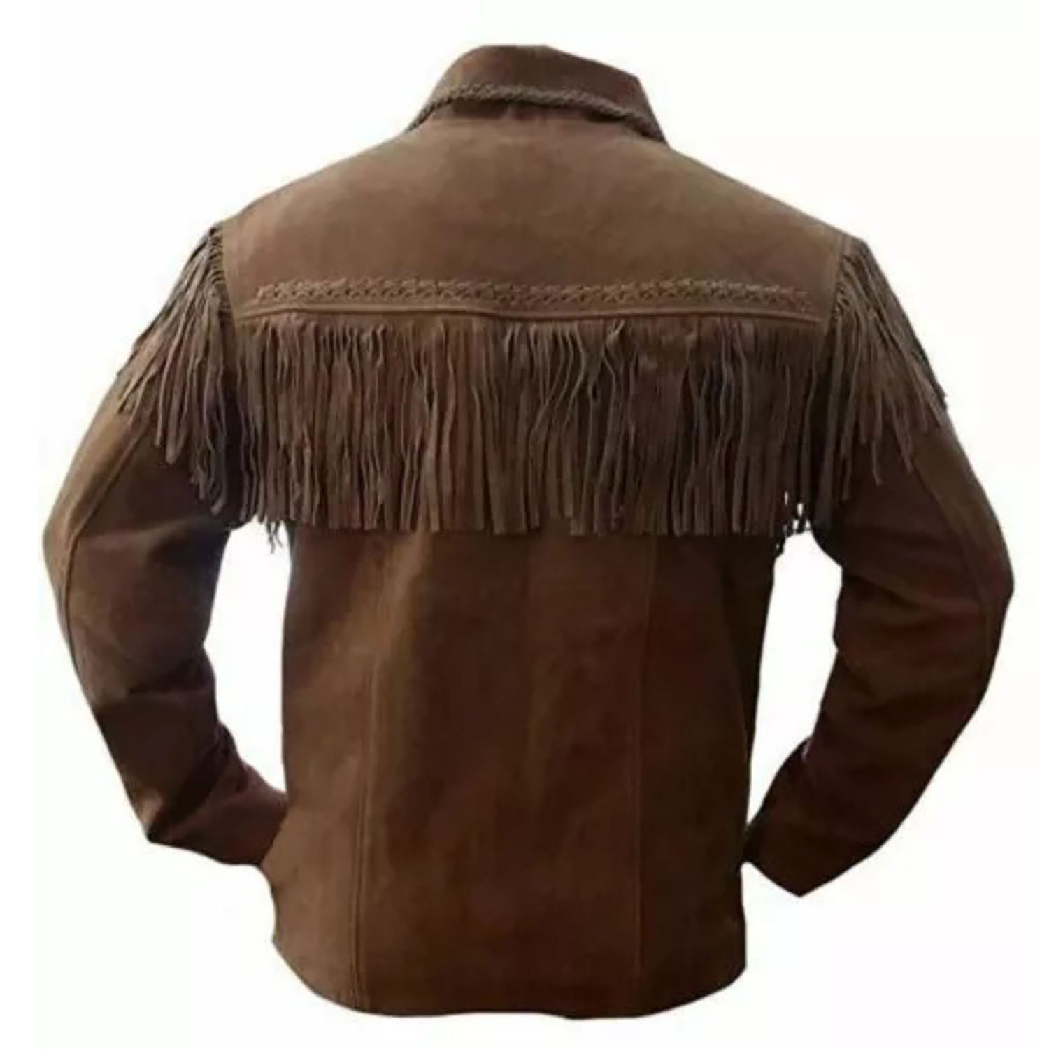 Full display showing the dark brown suede leather fringe jacket