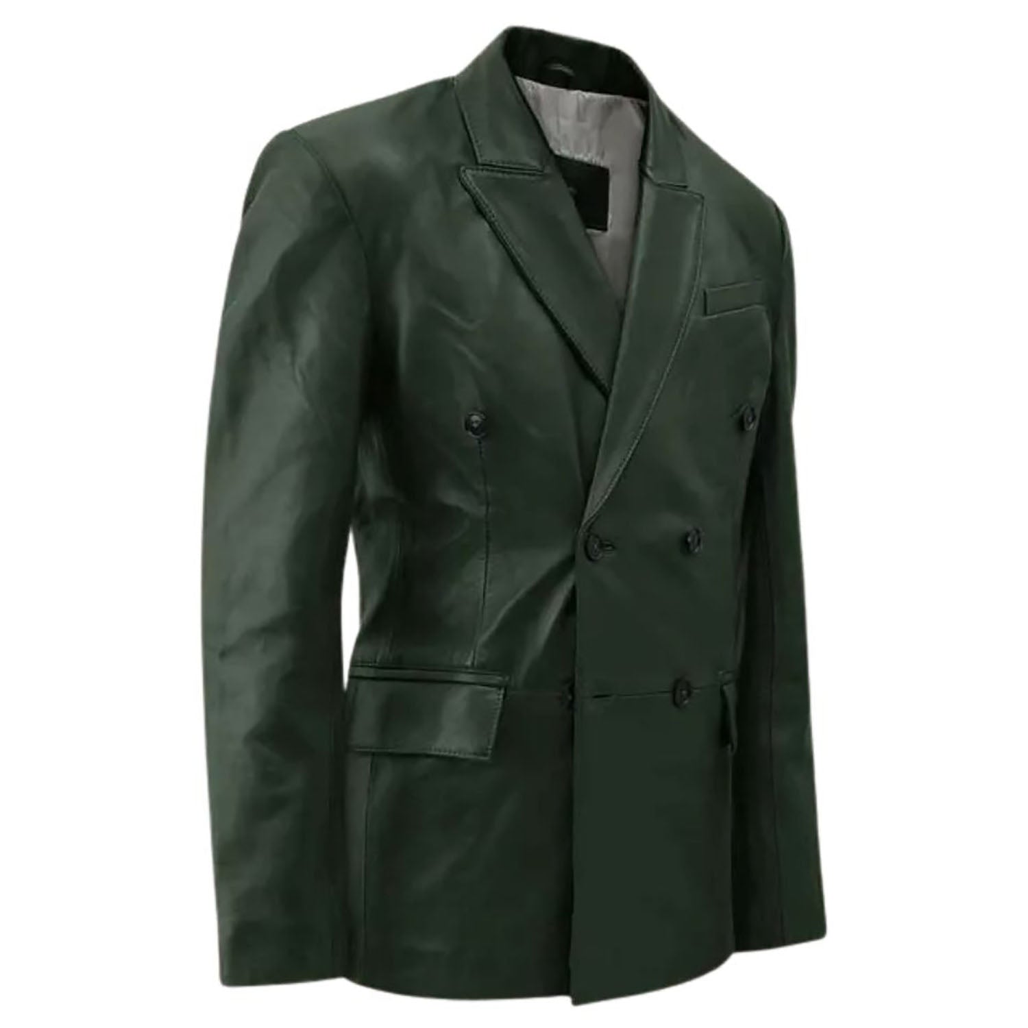 The dark green cowhide leather blazer, pictured in close-up