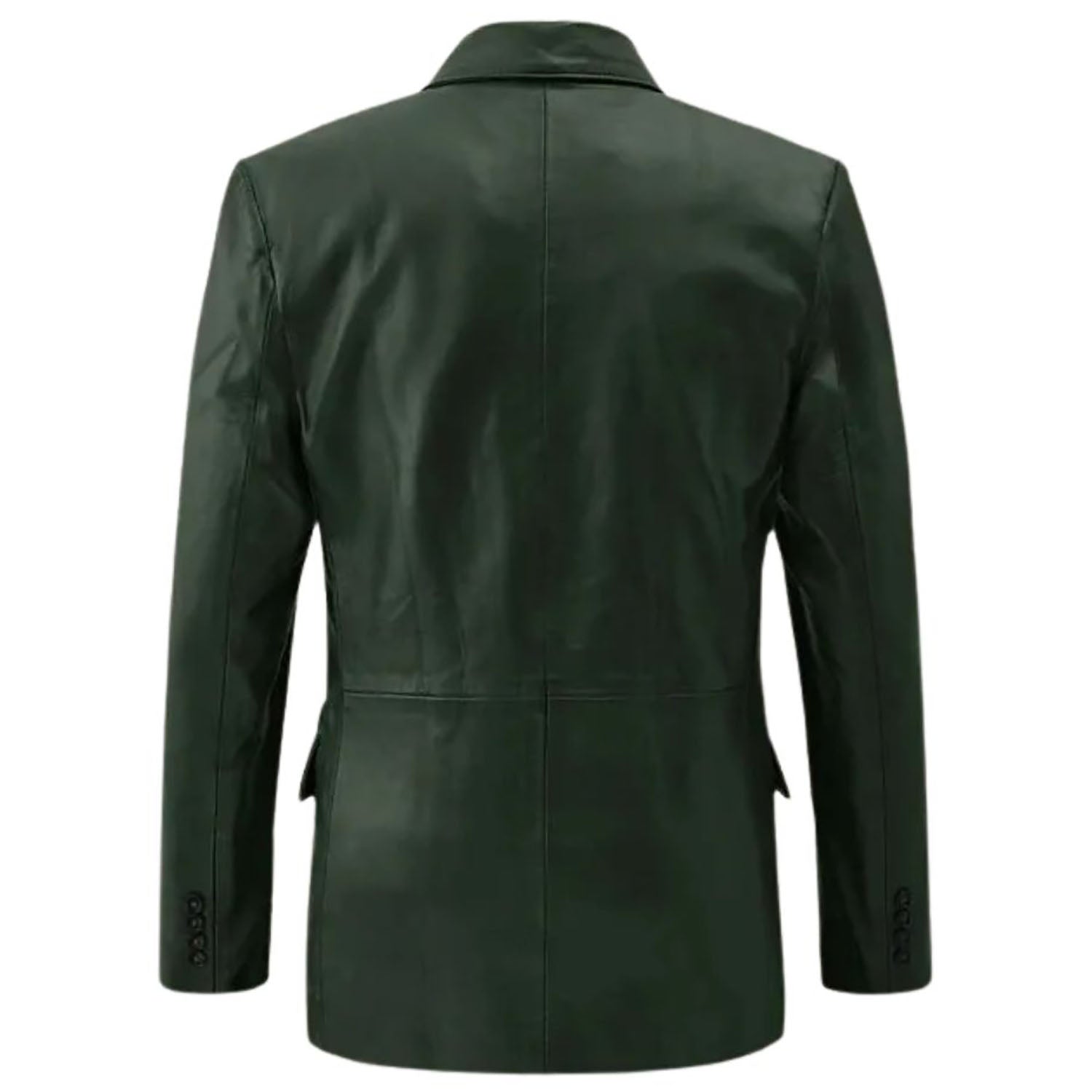 The dark green cowhide leather blazer, pictured worn and styled