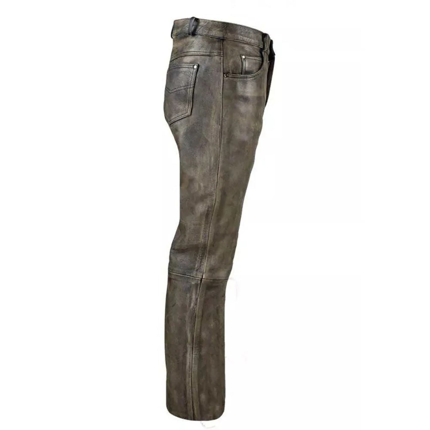 Gray cowhide leather pants, close-up detail