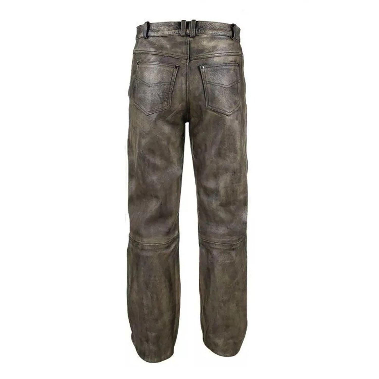 Gray cowhide leather pants, worn styled look