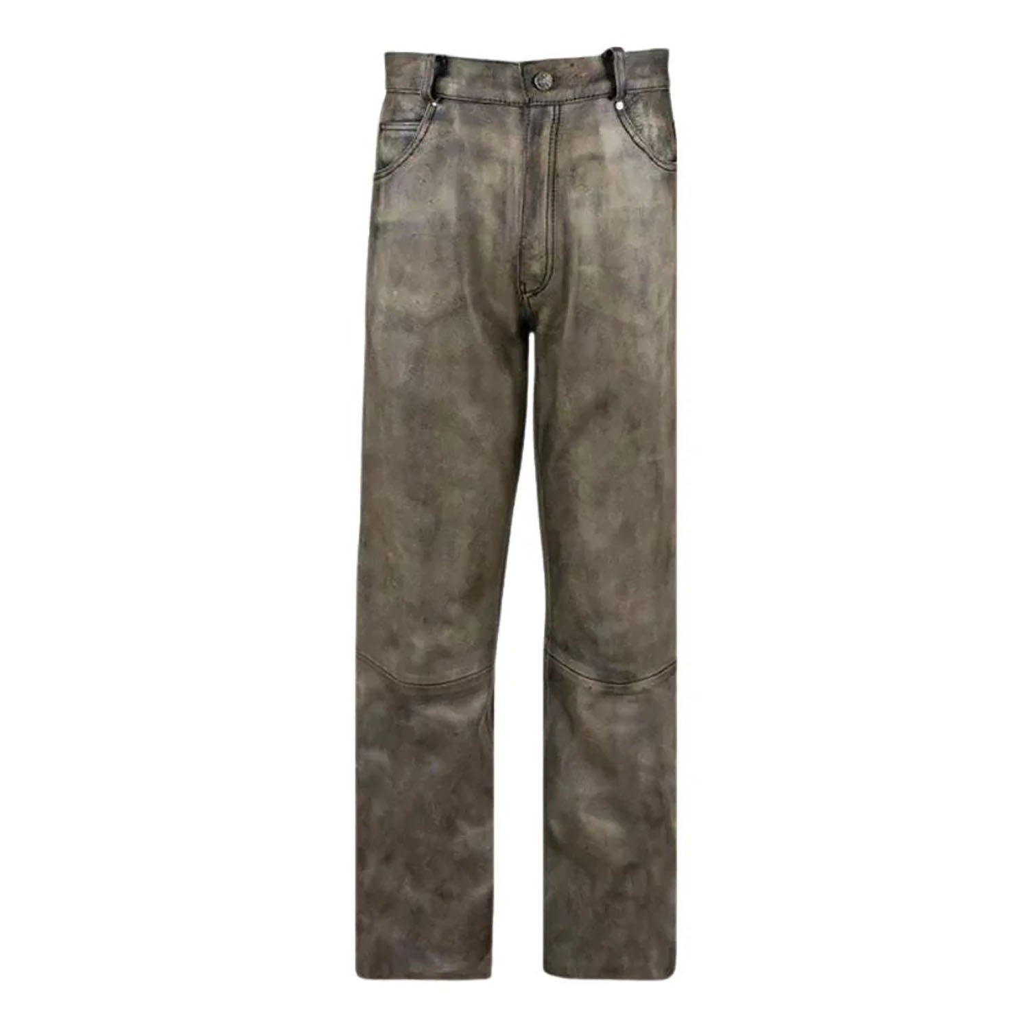 Gray cowhide leather pants, back view
