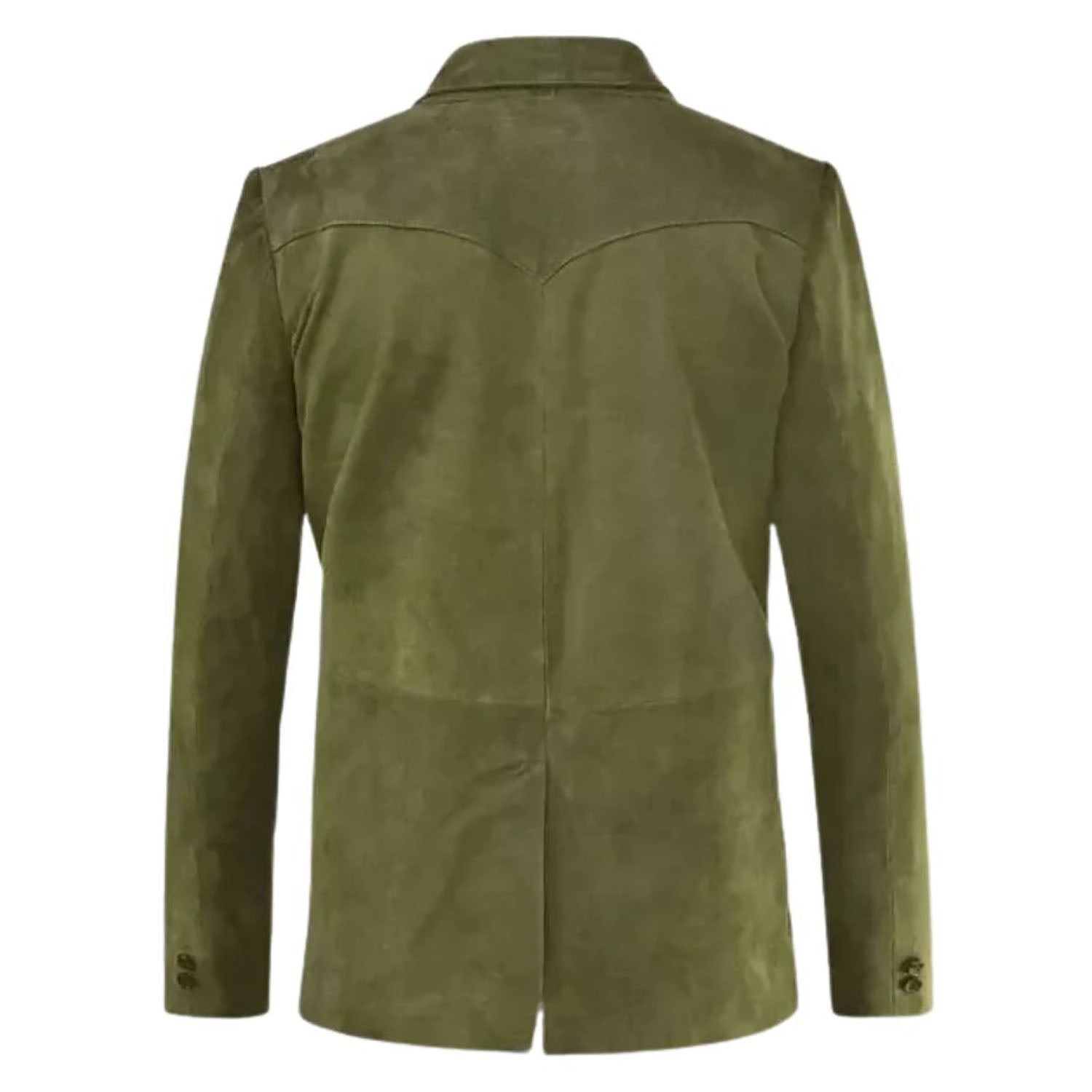 Back view of the green leather blazer with multiple pockets for men