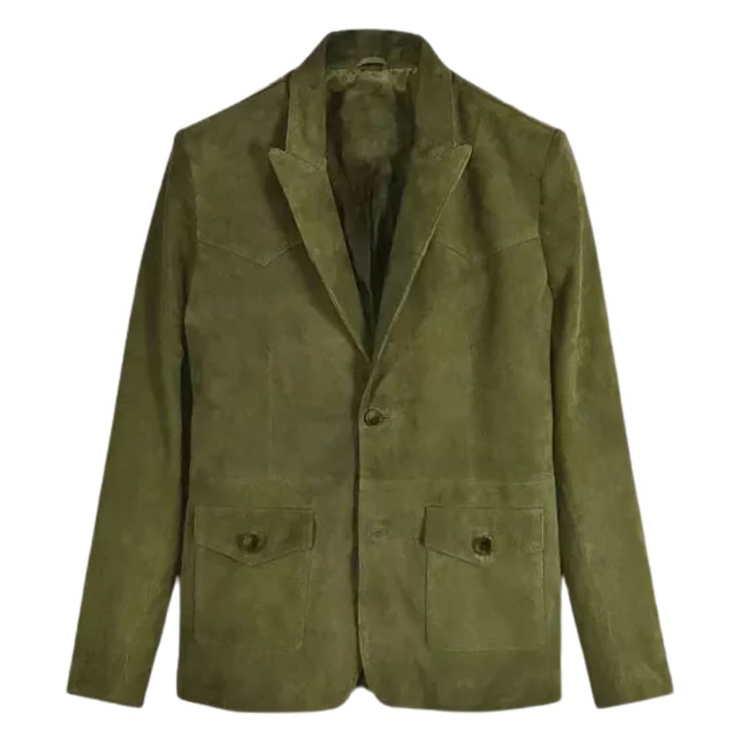 Side profile of the green leather blazer with multiple pockets for men