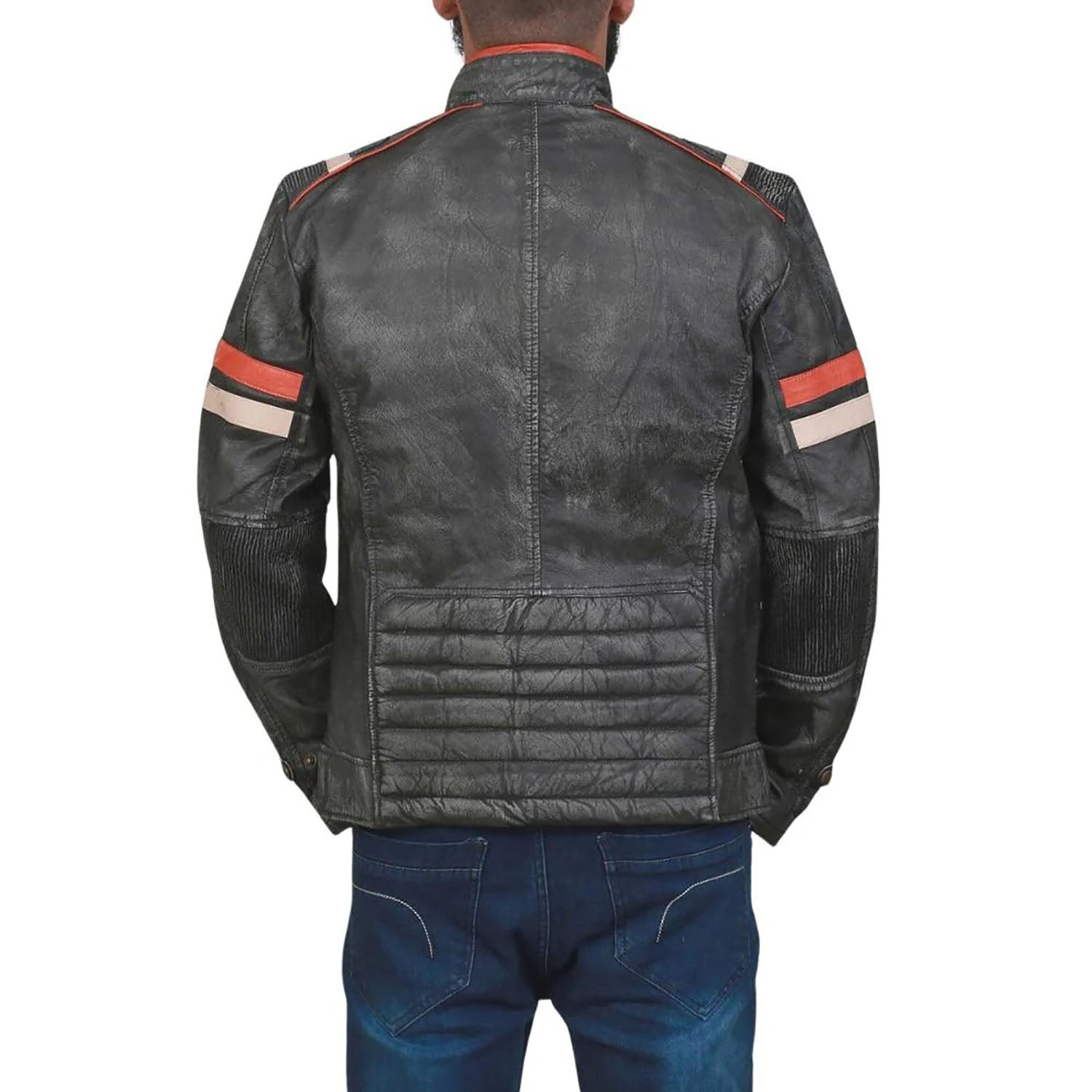 Side profile showing the multicolor cowhide leather jacket with biker style