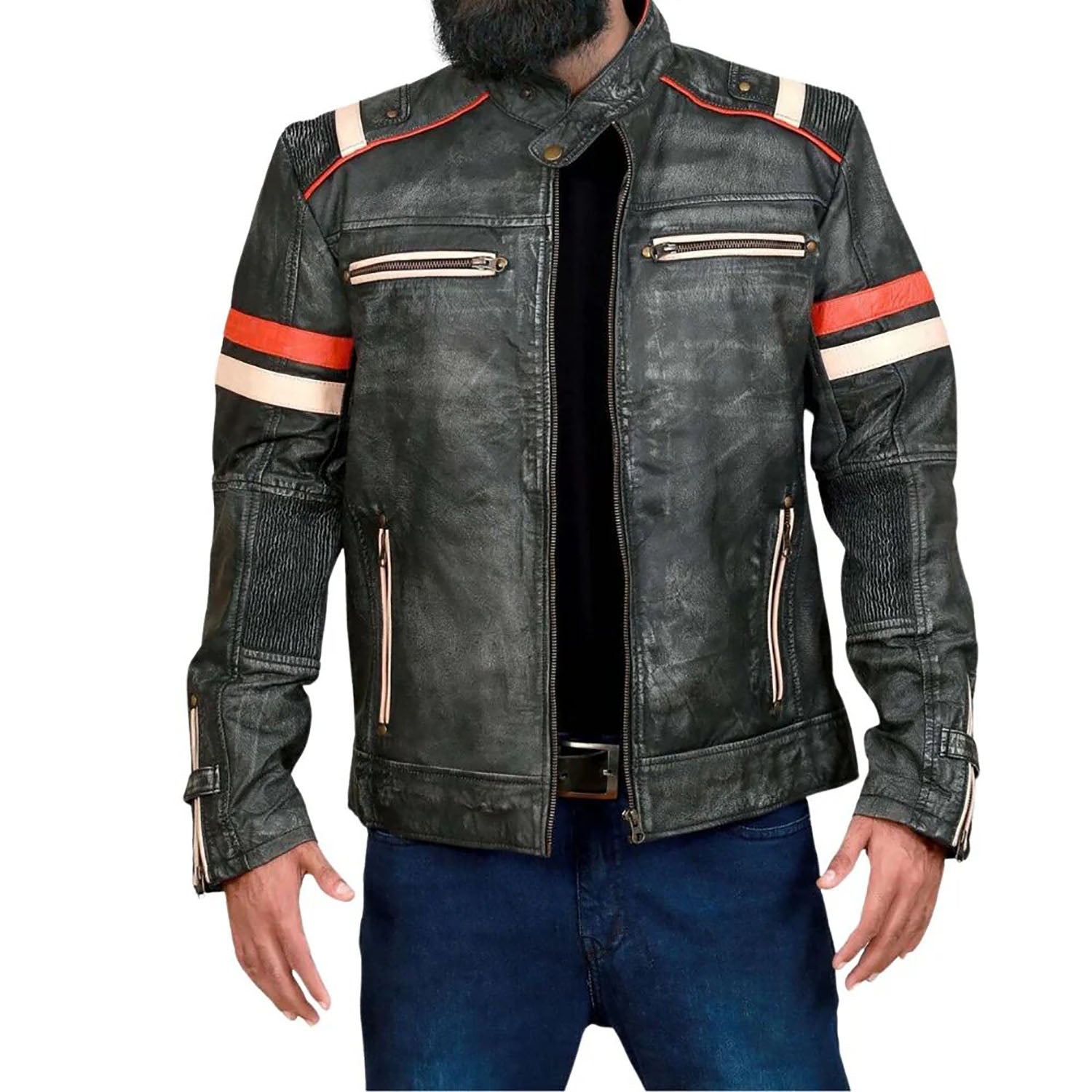 Front view showing the multicolor cowhide leather jacket with biker style