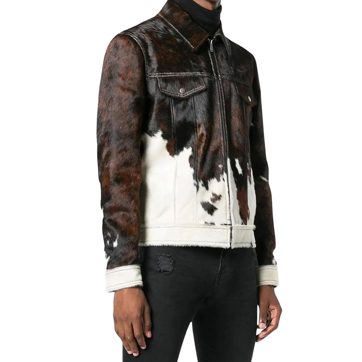 The cowhide leather shirt jacket with biker style, pictured in detail