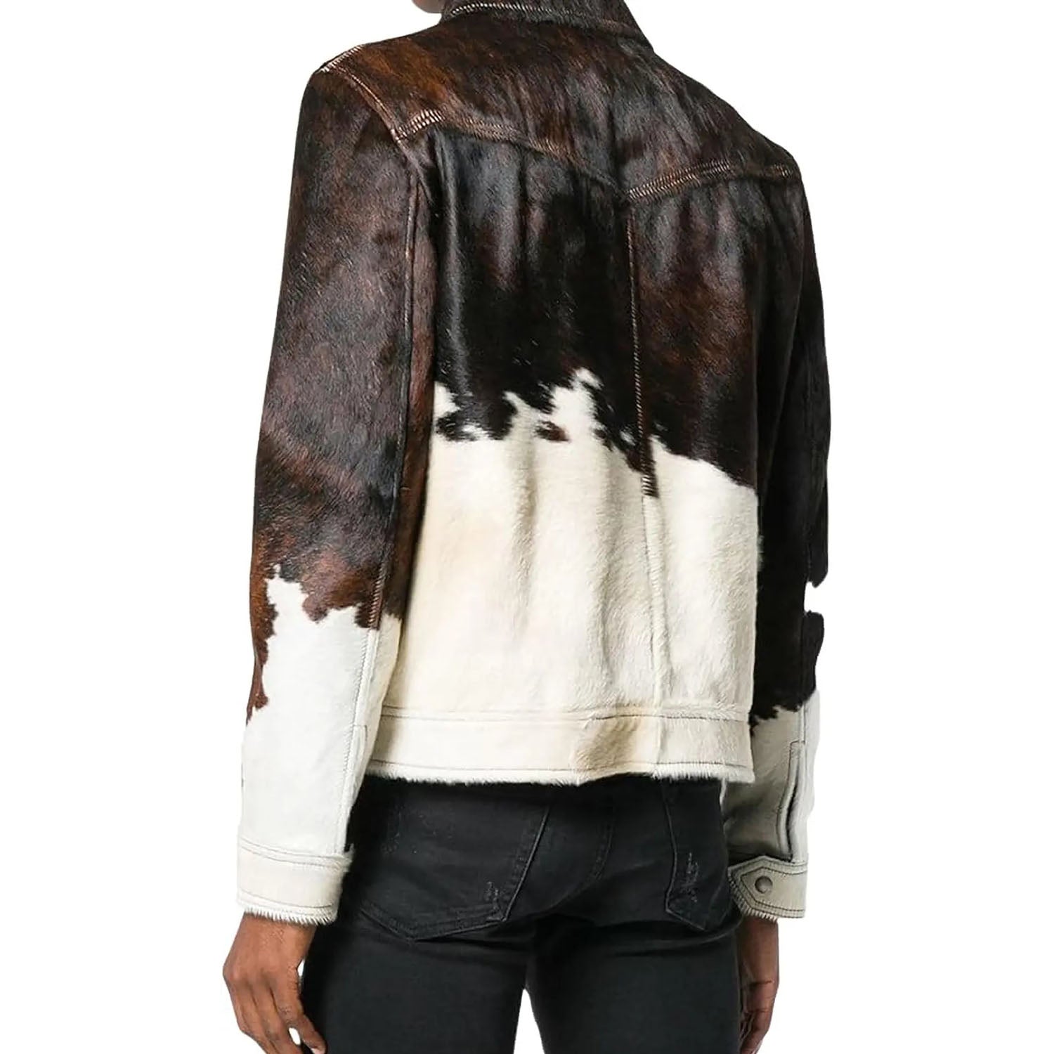 The cowhide leather shirt jacket with biker style, pictured from the front