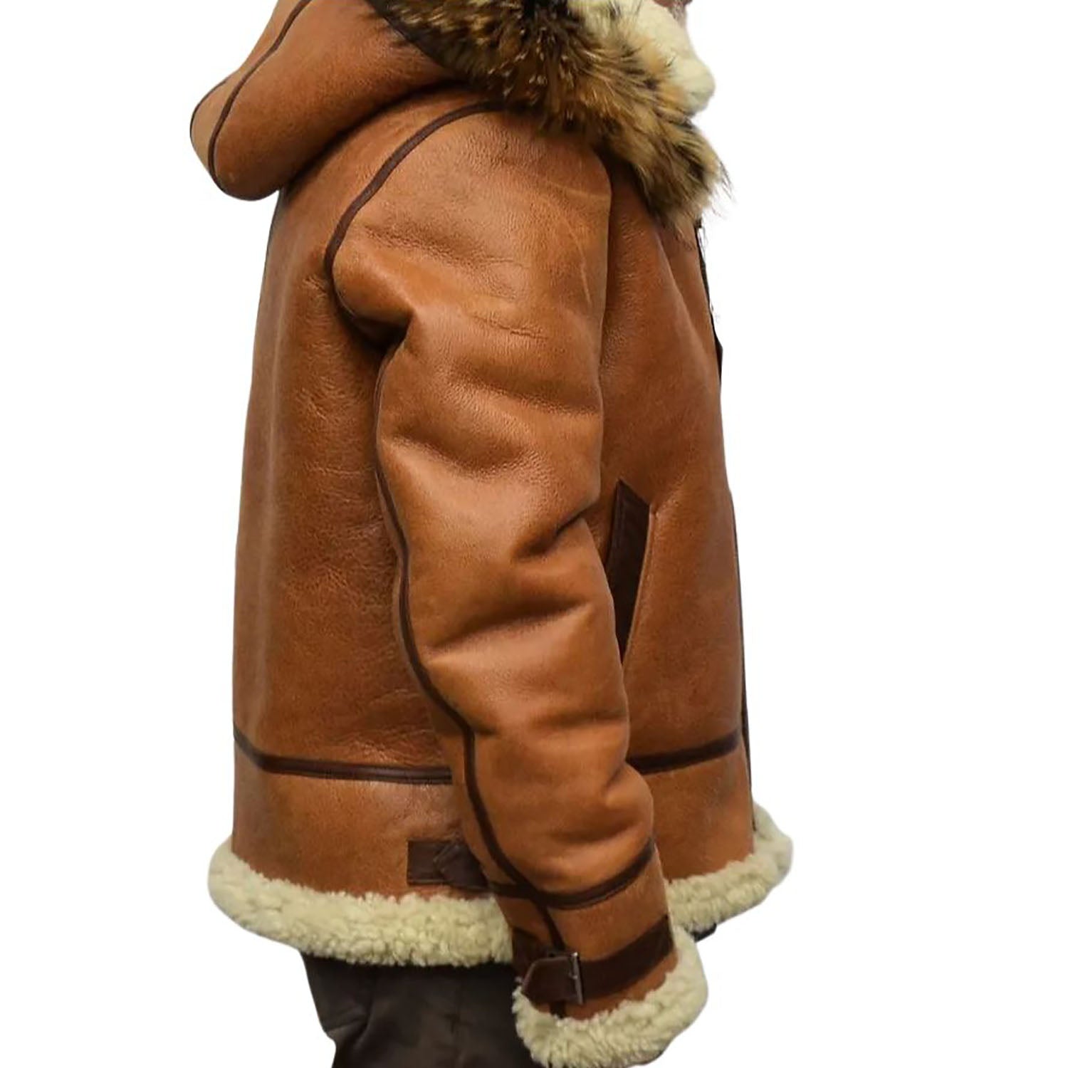 Detail shot of the orange cowhide leather jacket with hood for men